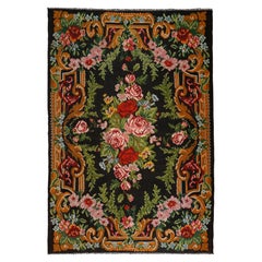 Vintage Rare Room Size Black Ground Bessarabian Kilim with Botanical Pattern (Kilim de Bessarabie avec motif botanique)