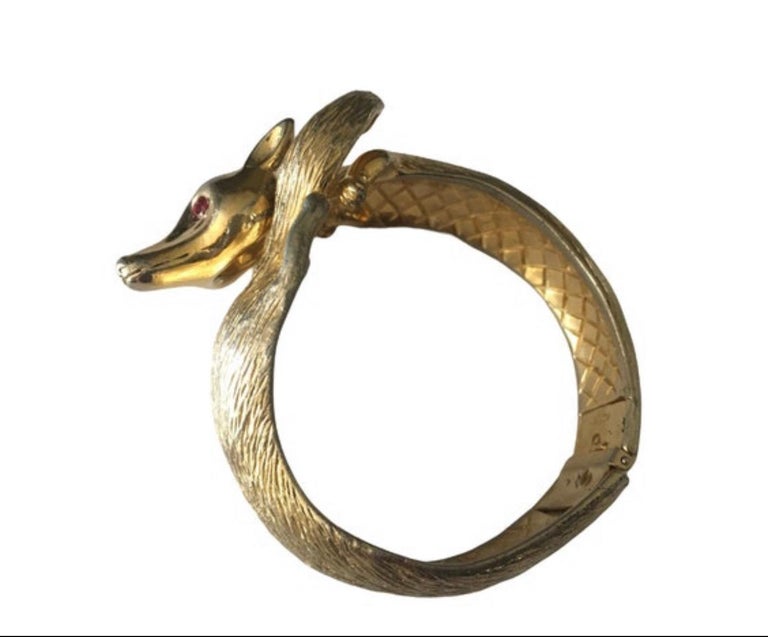 Vintage Rare Signed Castlecliff Golden Fox Clamper Bangle Cuff at