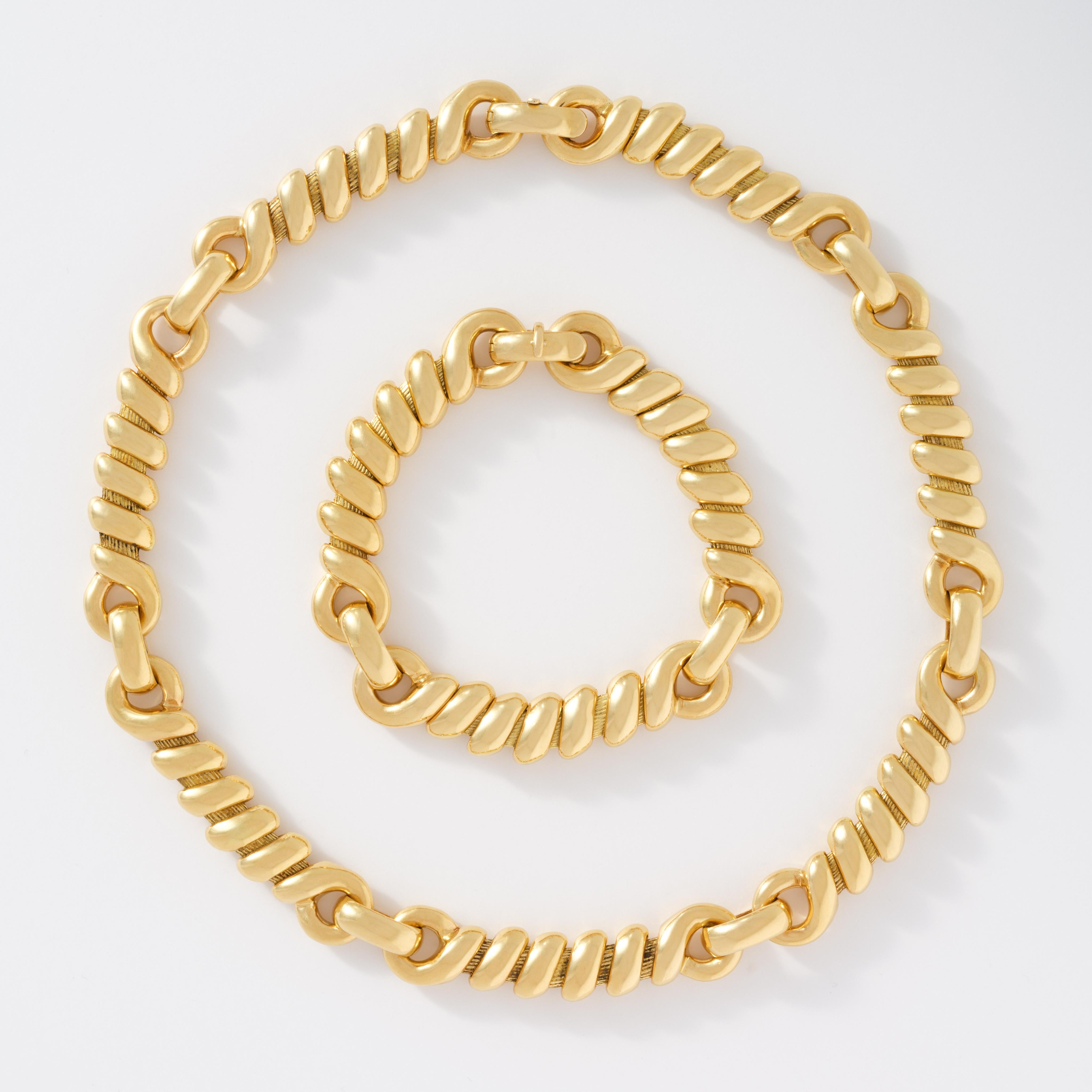 Rétro Vintage Rare Signed Georges Lenfant 18 Karat Rope Twist Chain & Bracelet Set in vendita