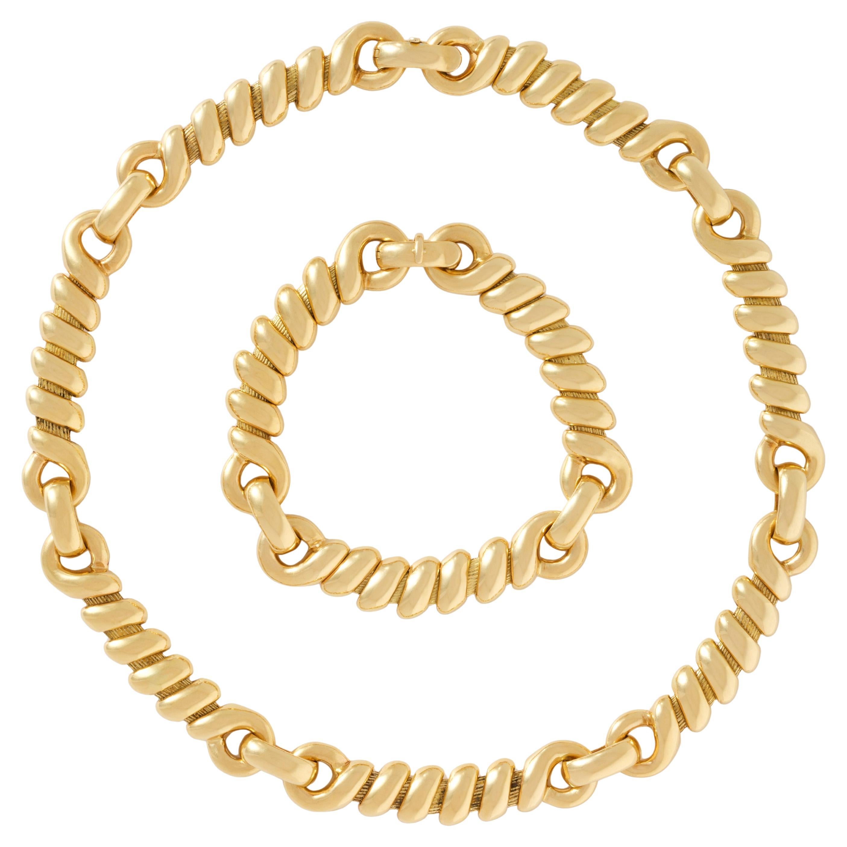 Vintage Rare Signed Georges Lenfant 18 Karat Rope Twist Chain & Bracelet Set in vendita