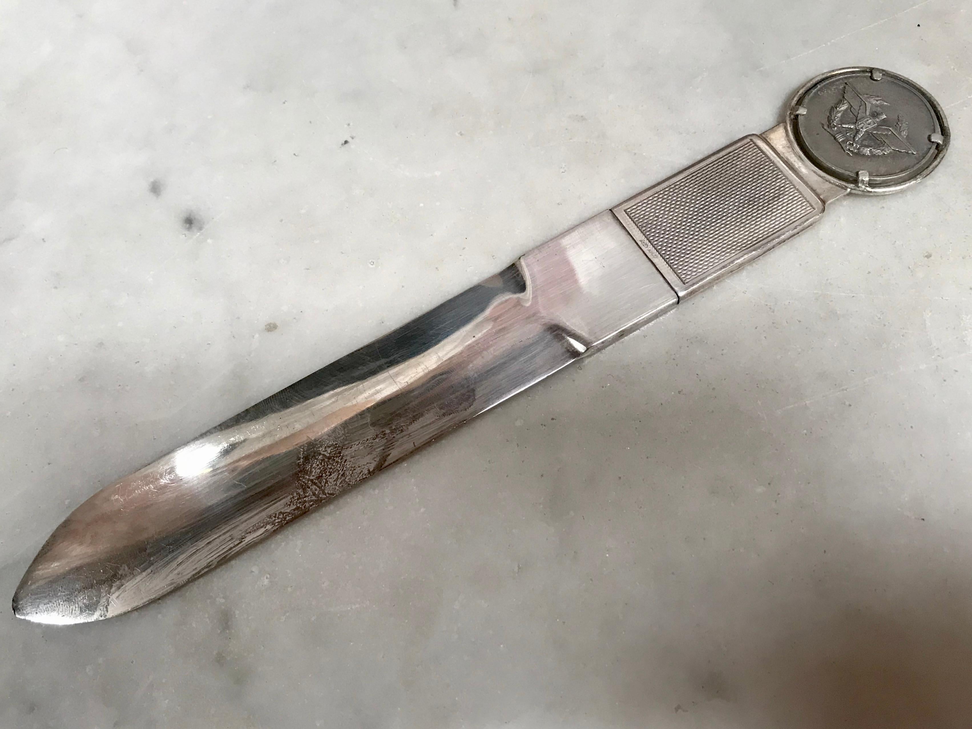 A rare Italian silver letter opener with the medallion with the eagle emblem of the Italian army and the engraved signature of Capo di Stato Maggiore. Made in Italy. A unique addition to many desks, 1970s.