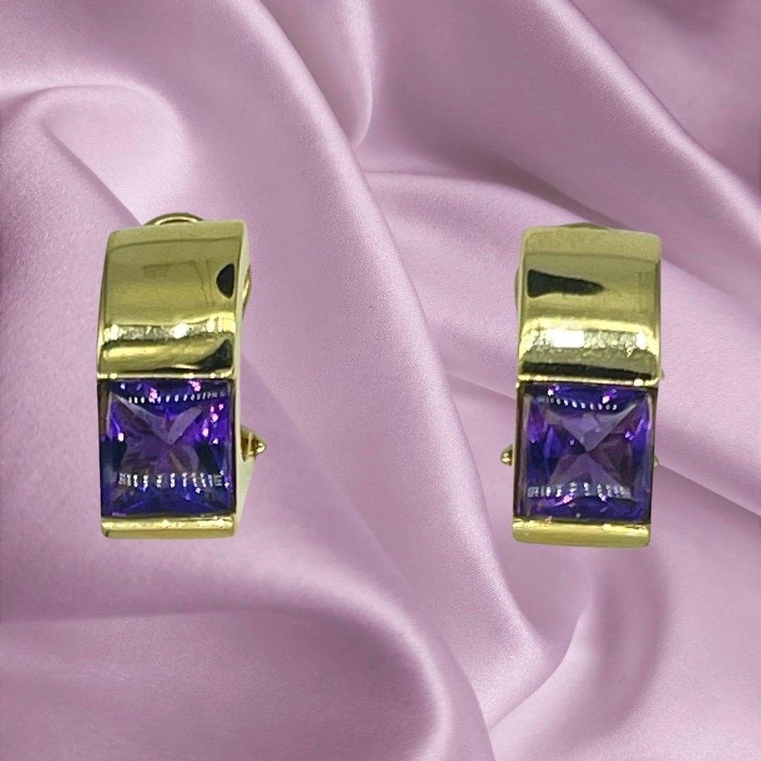 Vintage Rare Squared Cabochon Cut Amethyst Gemstone Earrings and Ring Set 18k For Sale 2