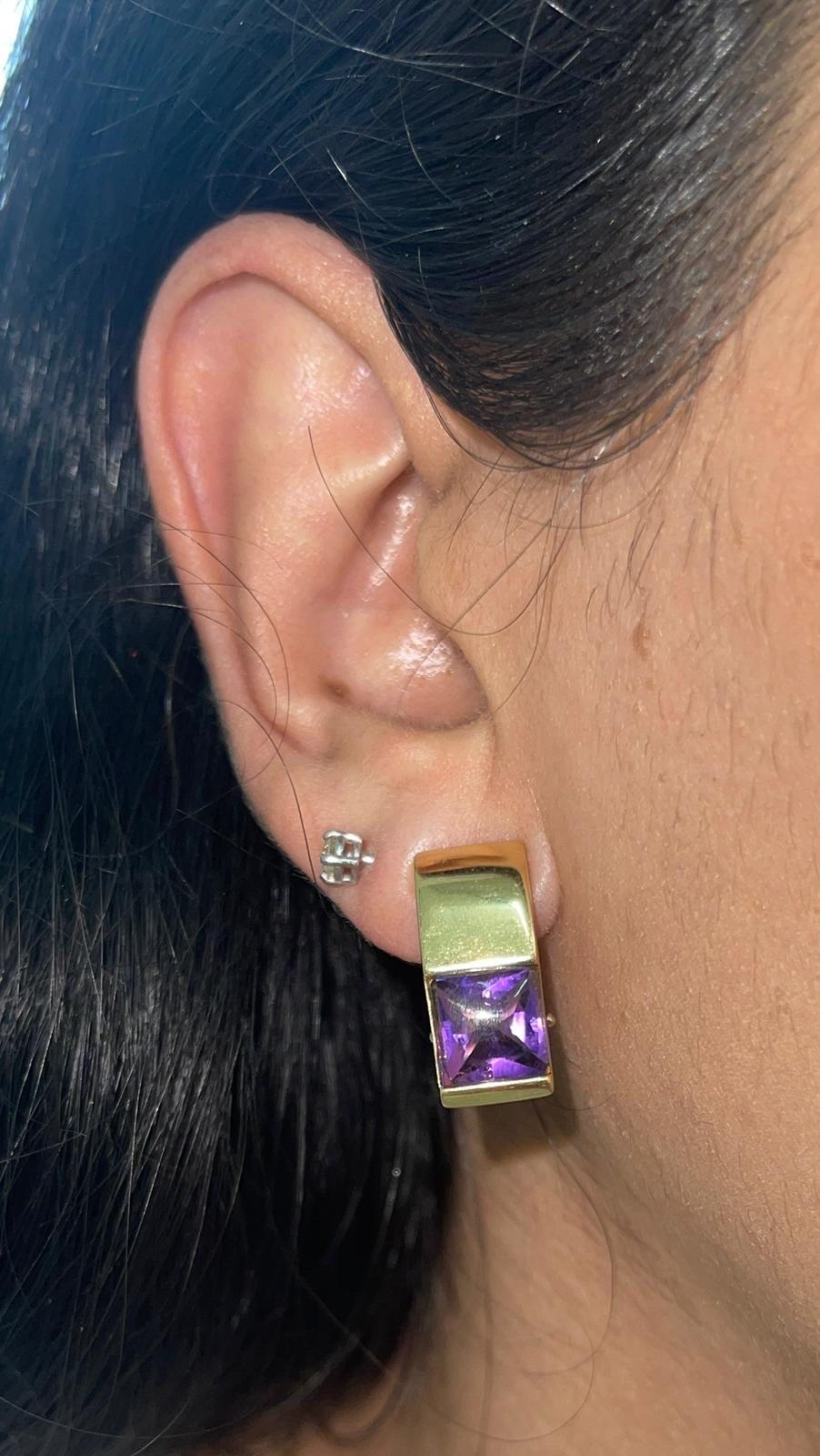 Vintage Rare Squared Cabochon Cut Amethyst Gemstone Earrings and Ring Set 18k For Sale 3