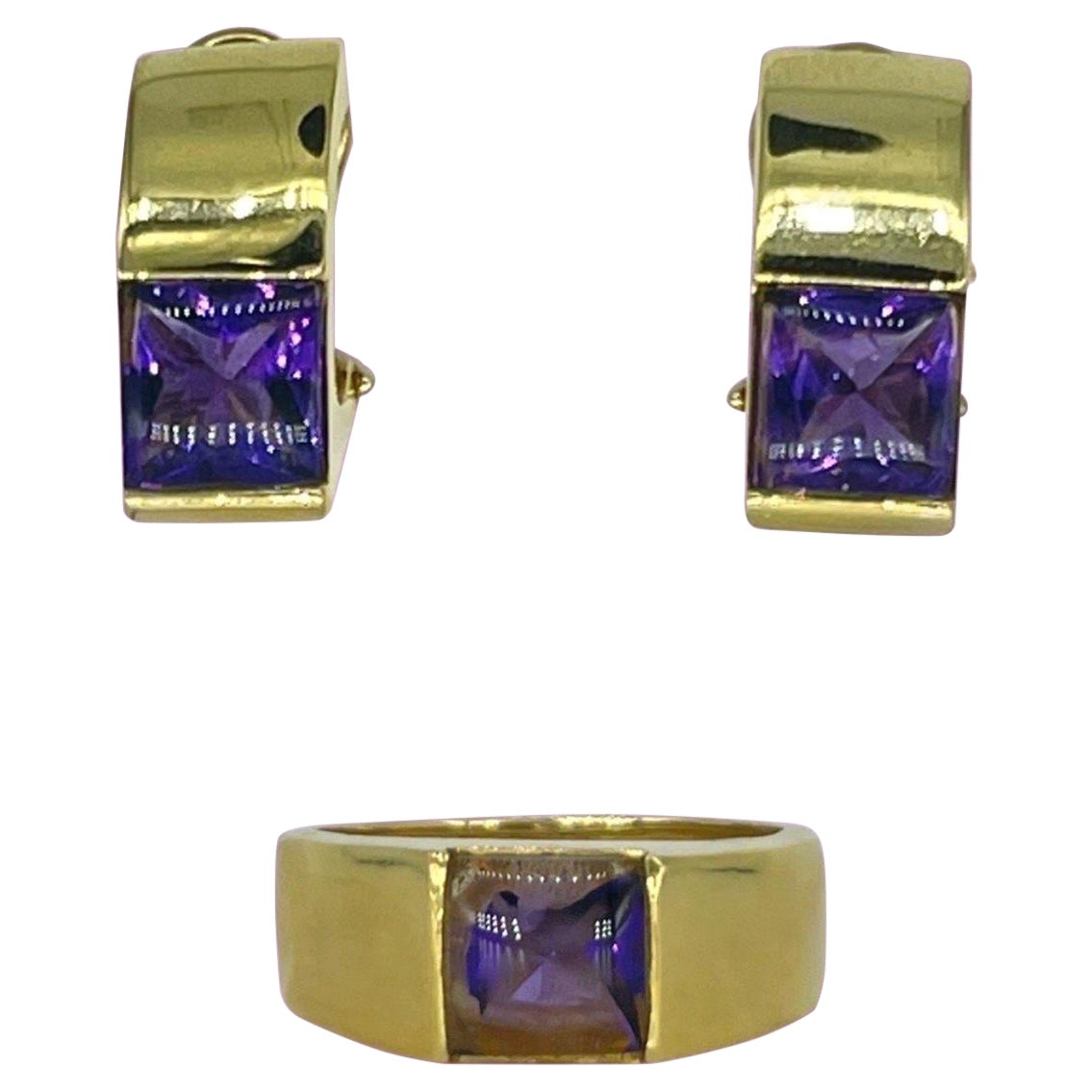 Vintage Seltene quadratische Amethyst-Edelstein-Ohrringe und Ring-Set im Cabochon-Schliff 18k