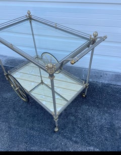 Vintage Maison Jansen Bar Cart, Brushed Steel & Brass, Italy, 1970s