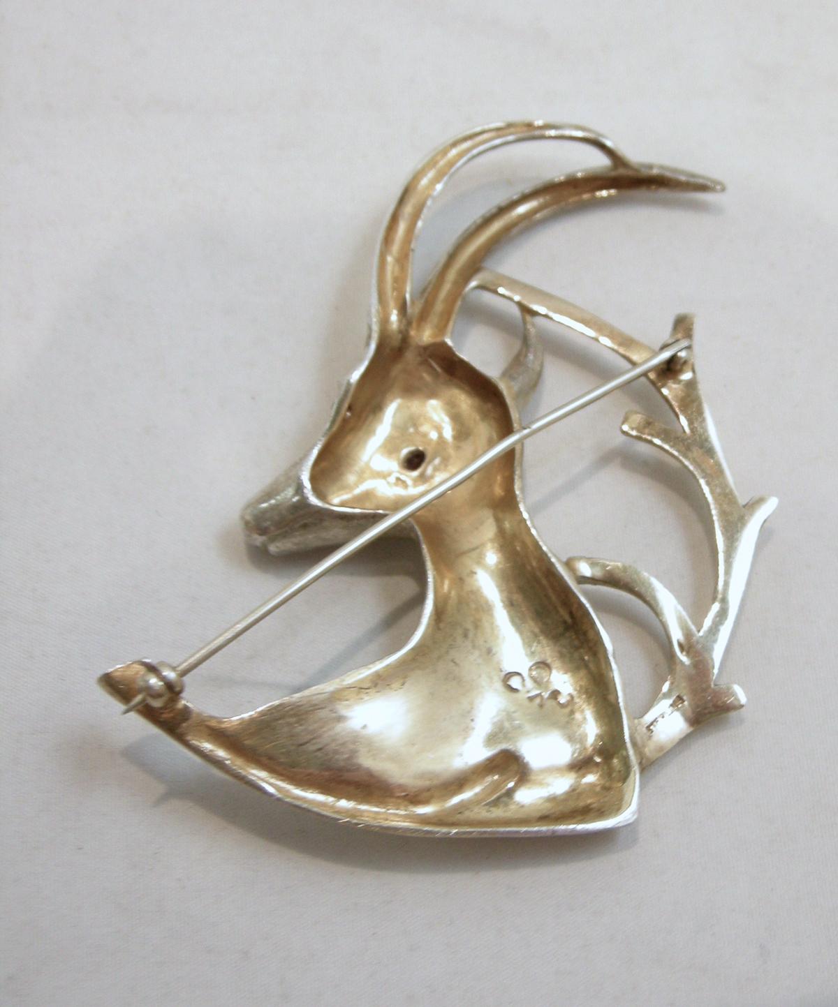 Women's or Men's Vintage Rare Sterling Silver Ibex Brooch For Sale