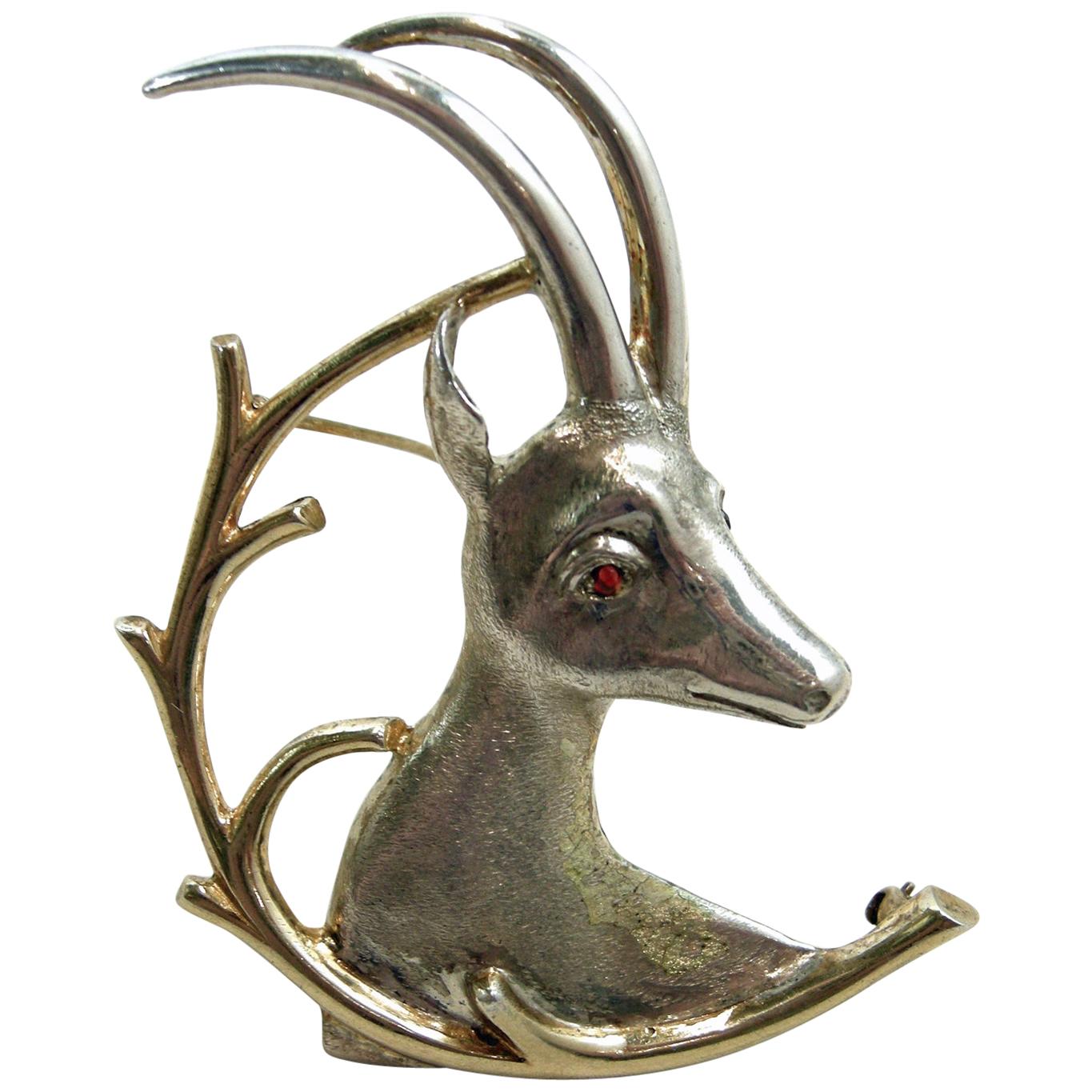 Vintage Rare Sterling Silver Ibex Brooch For Sale