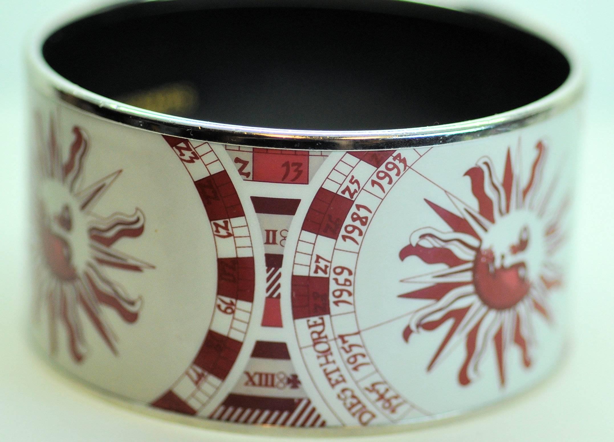 Vintage Rare Sunface/Zodiac Wide Hermes Bangle Bracelet Red and White Enamel In Excellent Condition In Dallas, TX