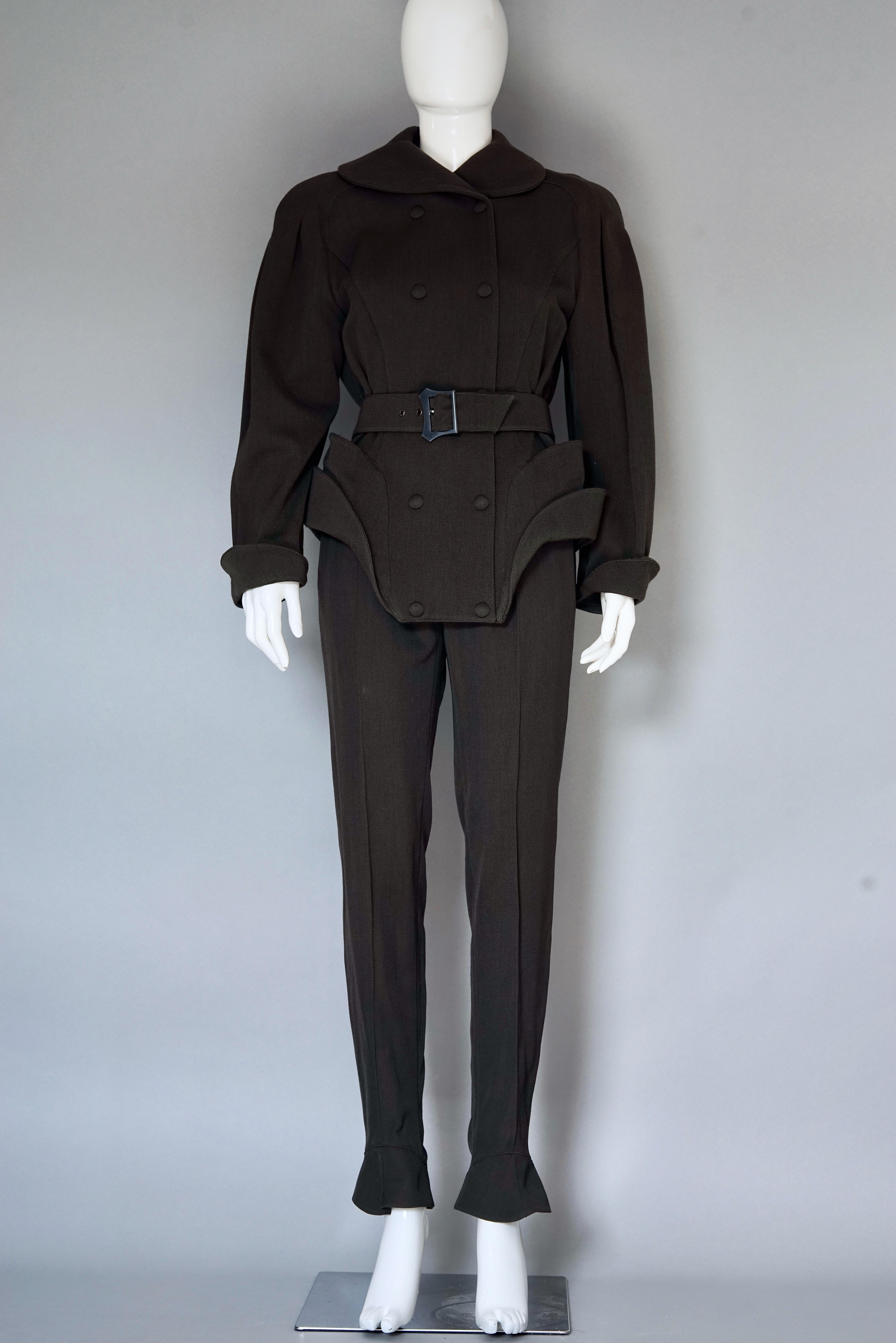 Vintage RARE THIERRY MUGLER Space Age Sculptural Belted Jacket Trouser Suit

Measurements taken laid flat, please double bust, waist and hips :
JACKET/ BLAZER
Raglan Sleeve: 15.74 inches (74 cm) from neckline - shoulder - cuff
Bust: 29.13 inches (48