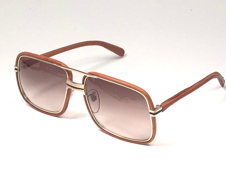 Brown Vintage Rare Tura Canada Tan Leather 1970 Sunglasses For Sale