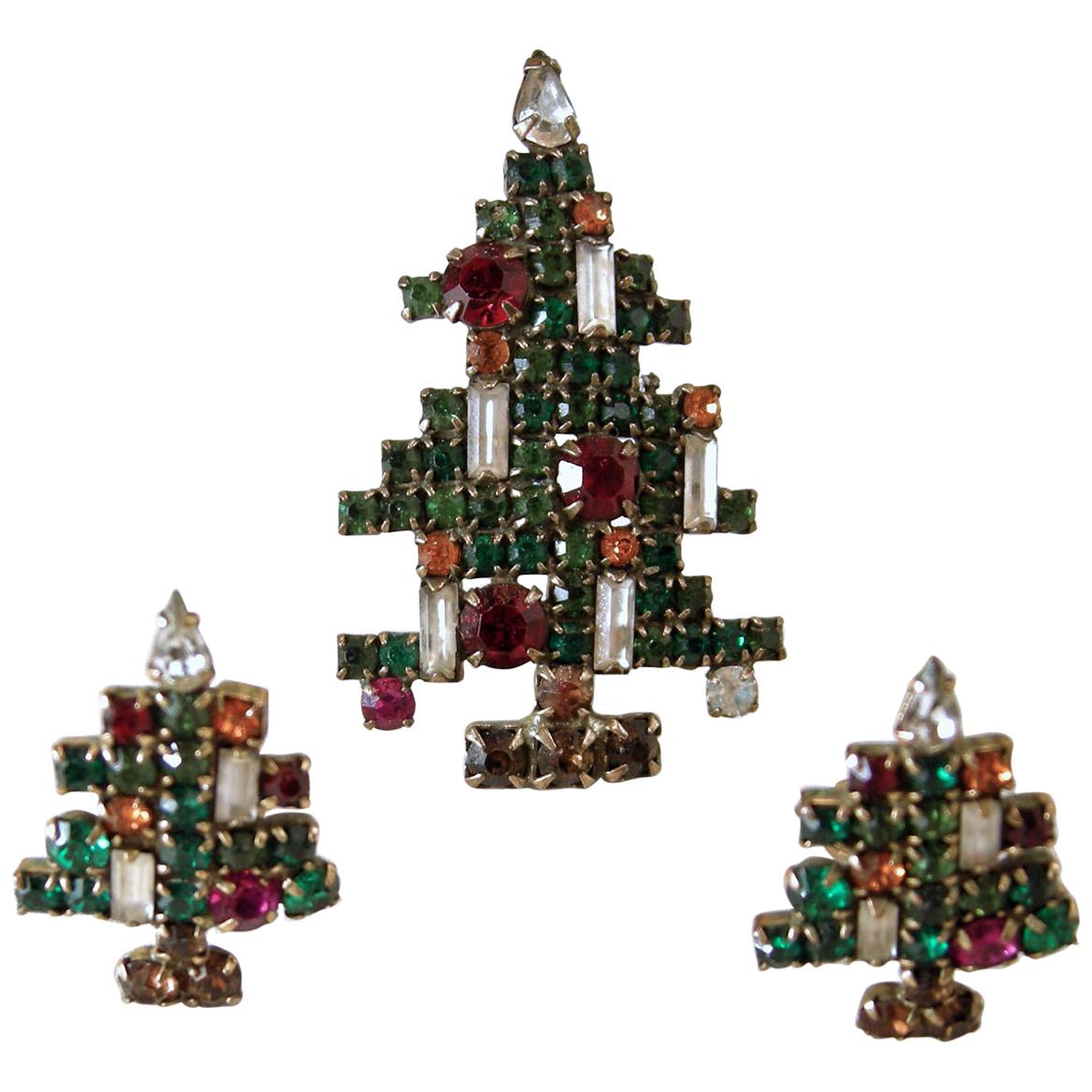 Vintage Rare Weiss 5 Candle Christmas Tree Pin & Earrings