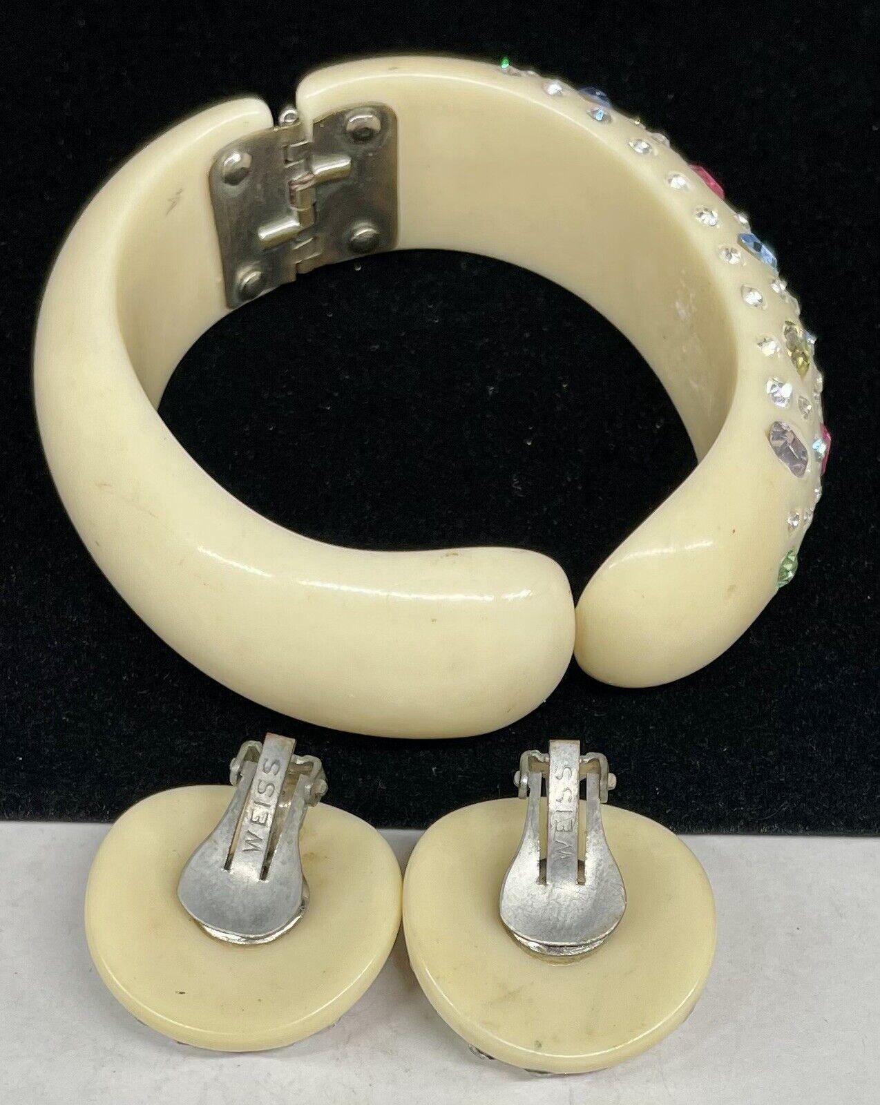 Retro Vintage Rare Weiss Designer Signed Lucite Crystal Clamper Bracelet and Earrings