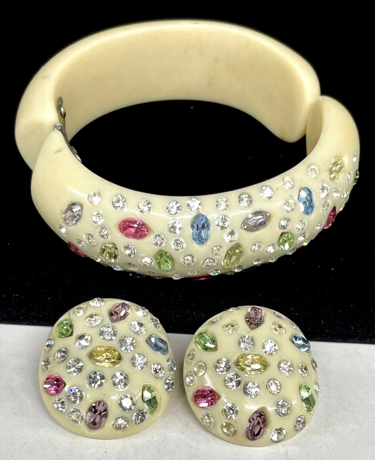 Mixed Cut Vintage Rare Weiss Designer Signed Lucite Crystal Clamper Bracelet and Earrings