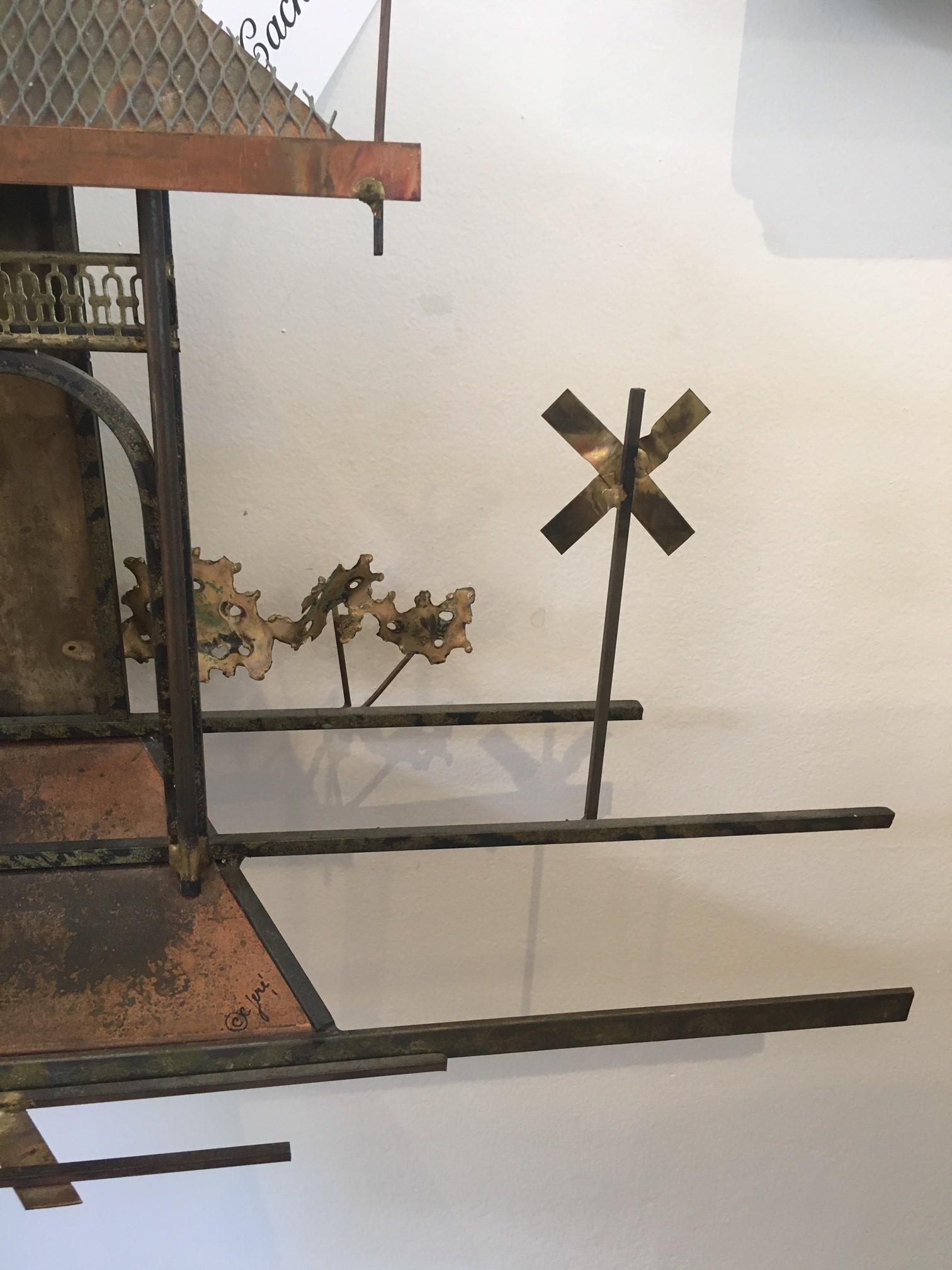 Carved Vintage Rare X-Large Railroad Train Station Metal Wall Sculpture by Curtis Jere For Sale