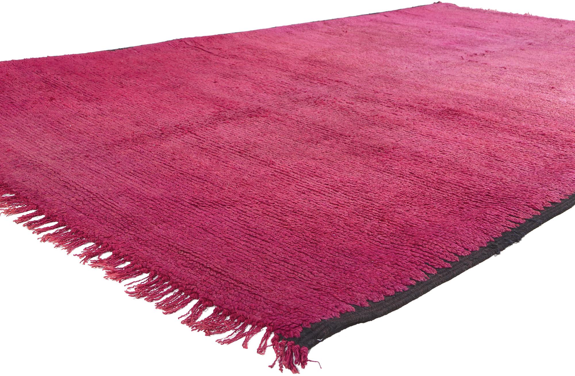 20228 Vintage Beni Mrirt Moroccan Rug, 05'11 x 09'06. 
Step into the embrace of a cozy nomad mingling with the delightful hues of raspberry sorbet in this hand-knotted wool vintage Beni Mrirt Moroccan rug. Allow yourself to be transported to a