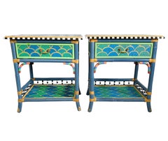 Madras Rattan Accent Tables in the Style of MacKenzie-Childs, a Pair
