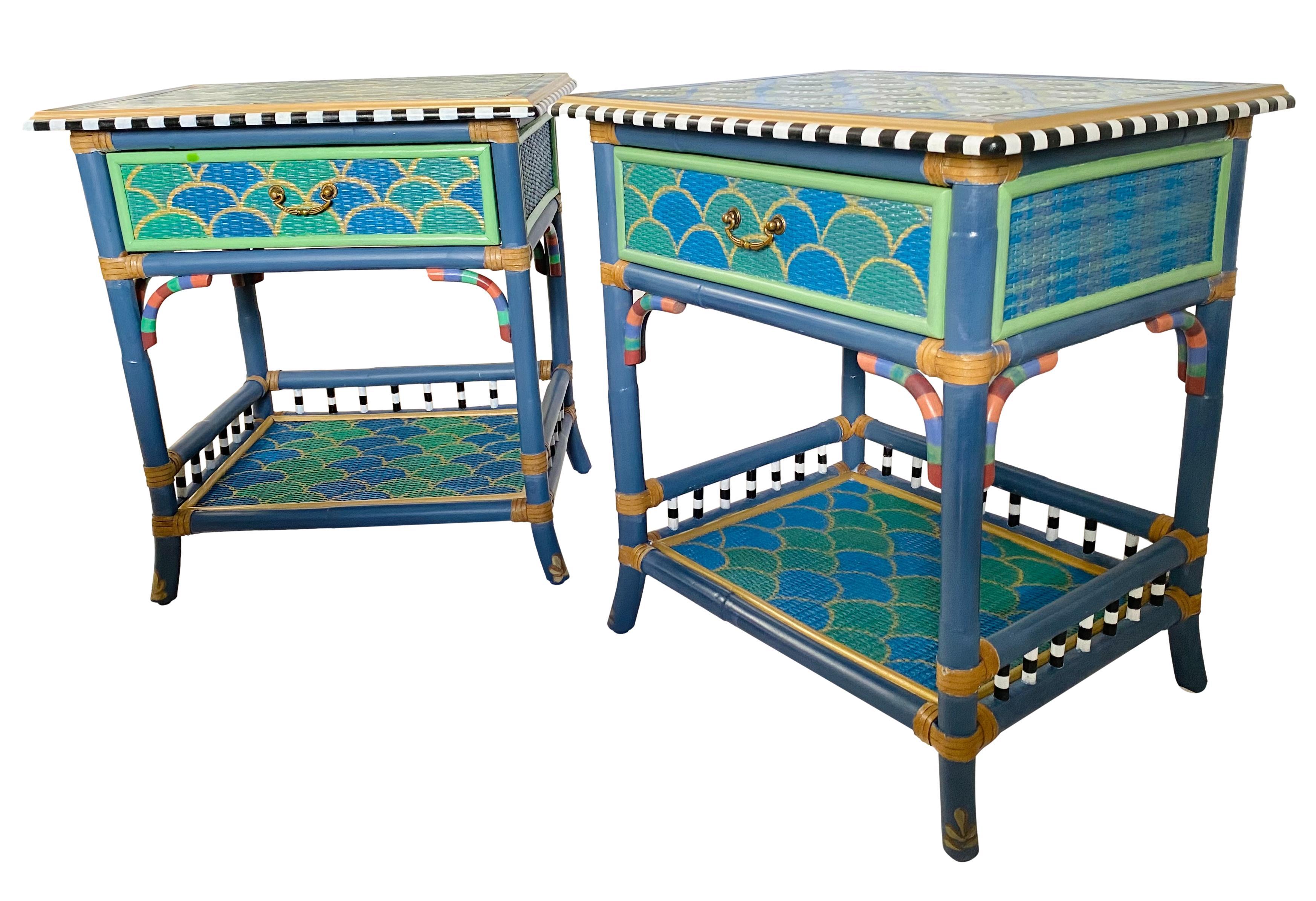 Bohemian Madras Rattan Accent Tables in the Style of MacKenzie-Childs, a Pair