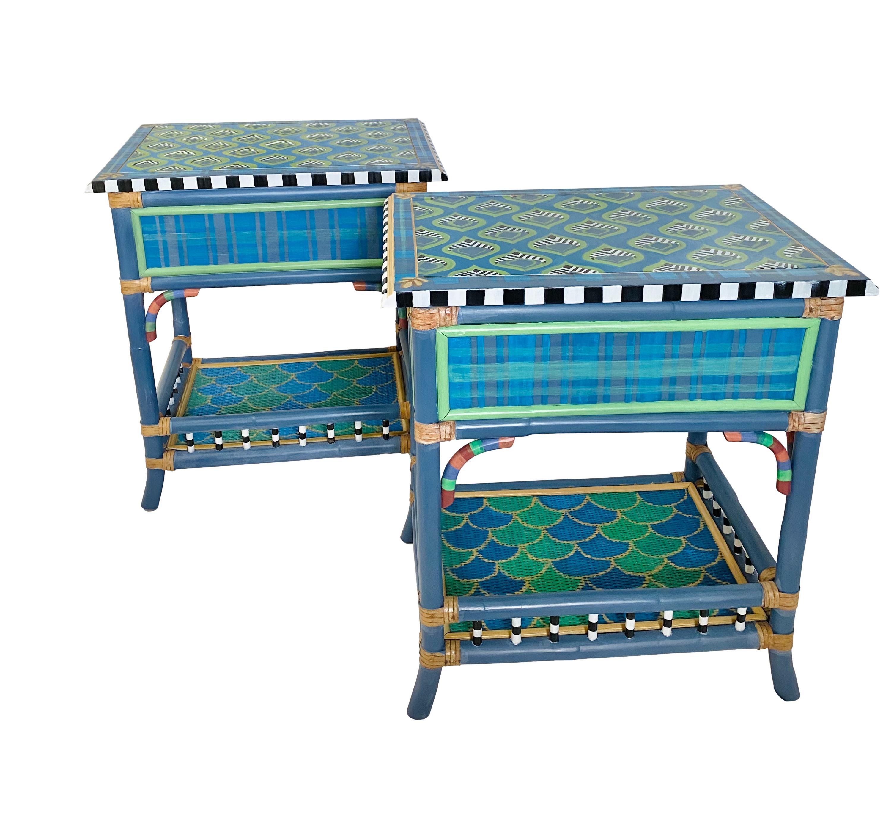 Hand-Painted Madras Rattan Accent Tables in the Style of MacKenzie-Childs, a Pair