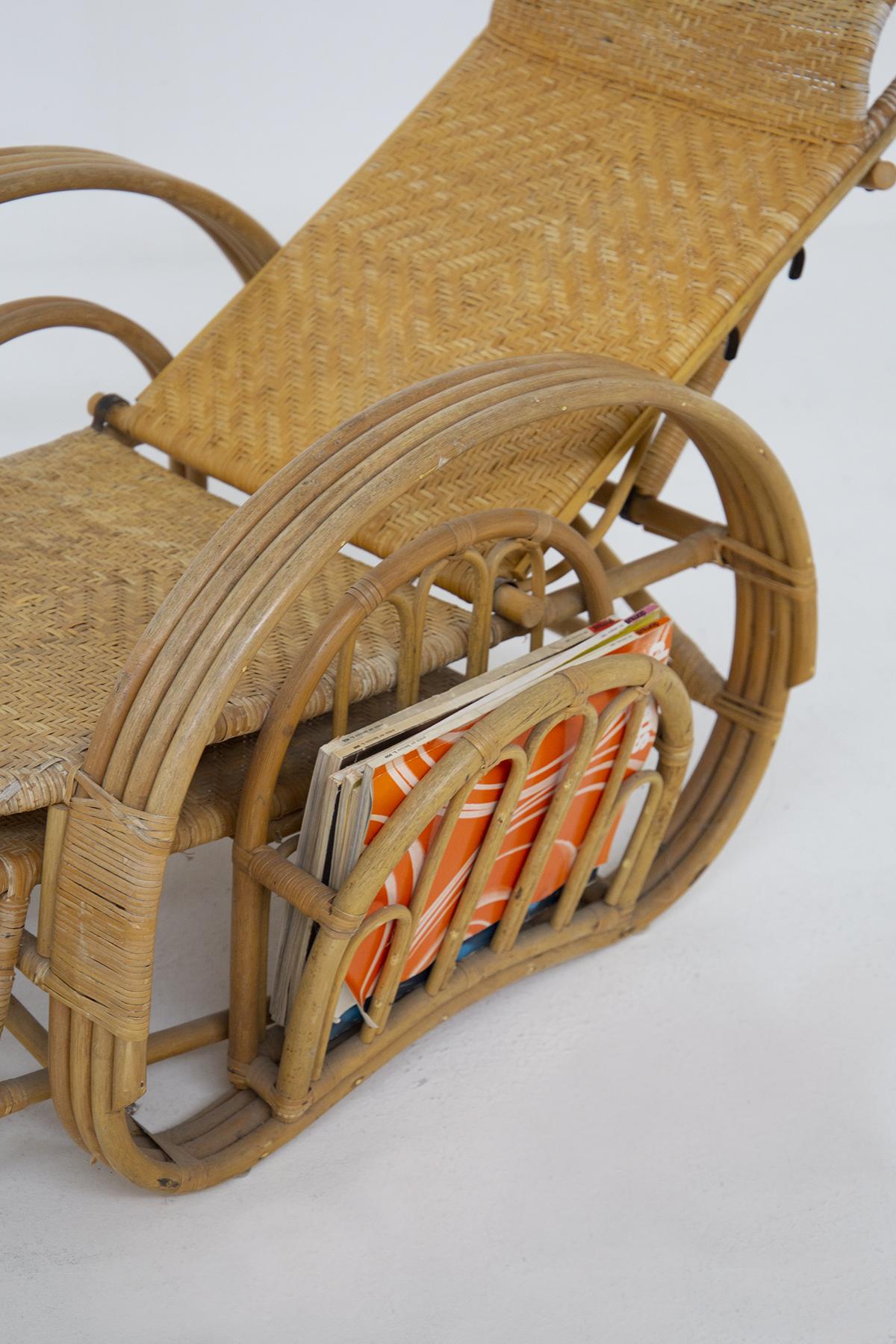 Vintage rattan and bamboo armchair designed in the 1950s, fine Italian manufacture. The armchair is adjustable and is made of bamboo and rattan, with very soft shapes. The seat and back are made of rattan, with a woven texture; a rattan headrest is