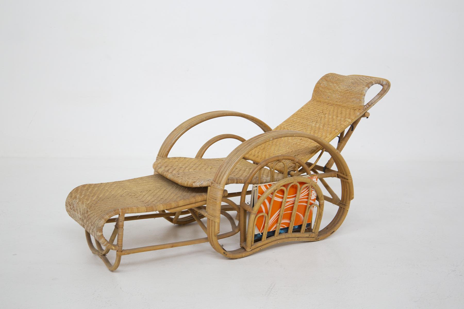 Mid-Century Modern Vintage Rattan and Bamboo Armchair with Magazine Holder For Sale