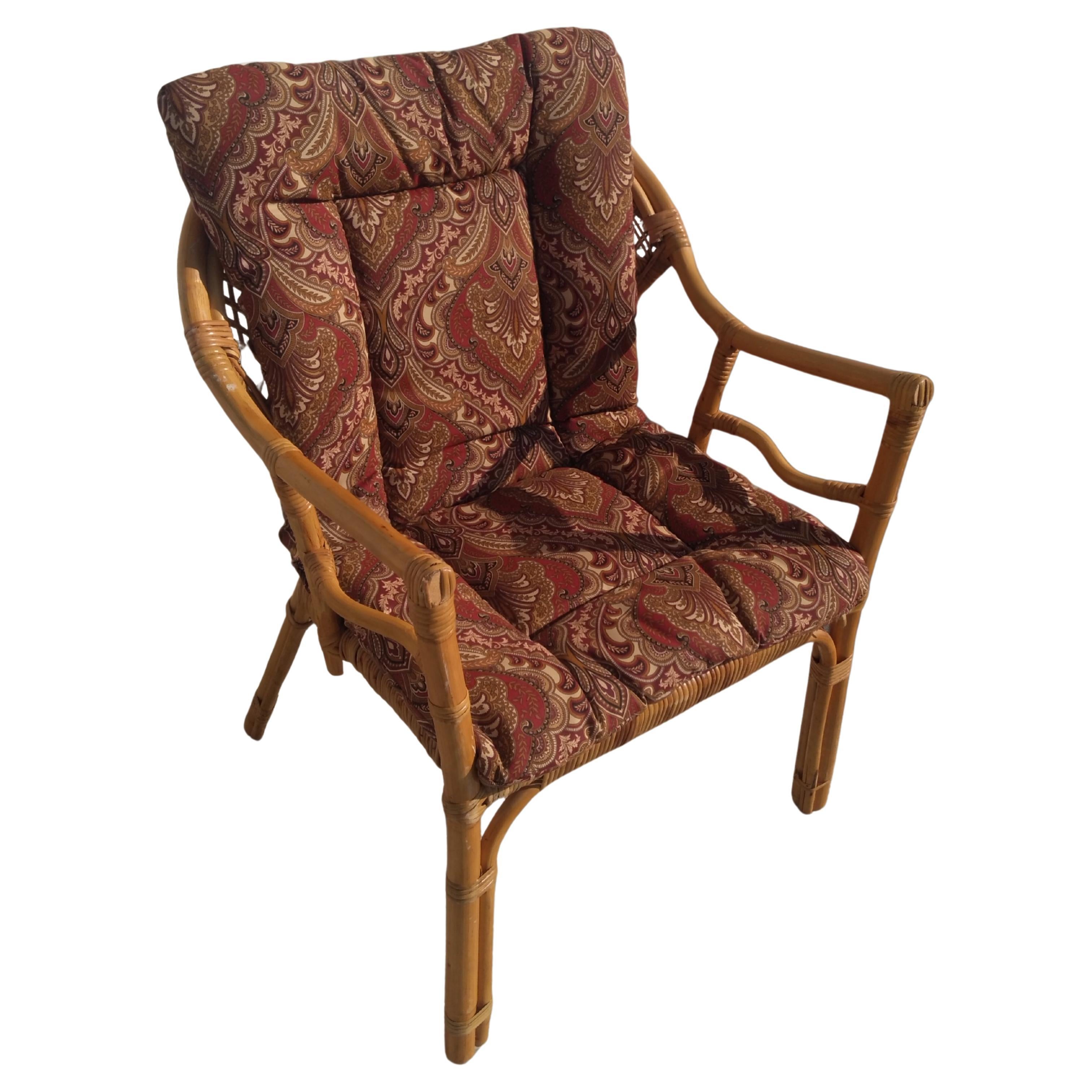 Vintage Rattan and Bamboo Boho Chic Armchair with Cushion