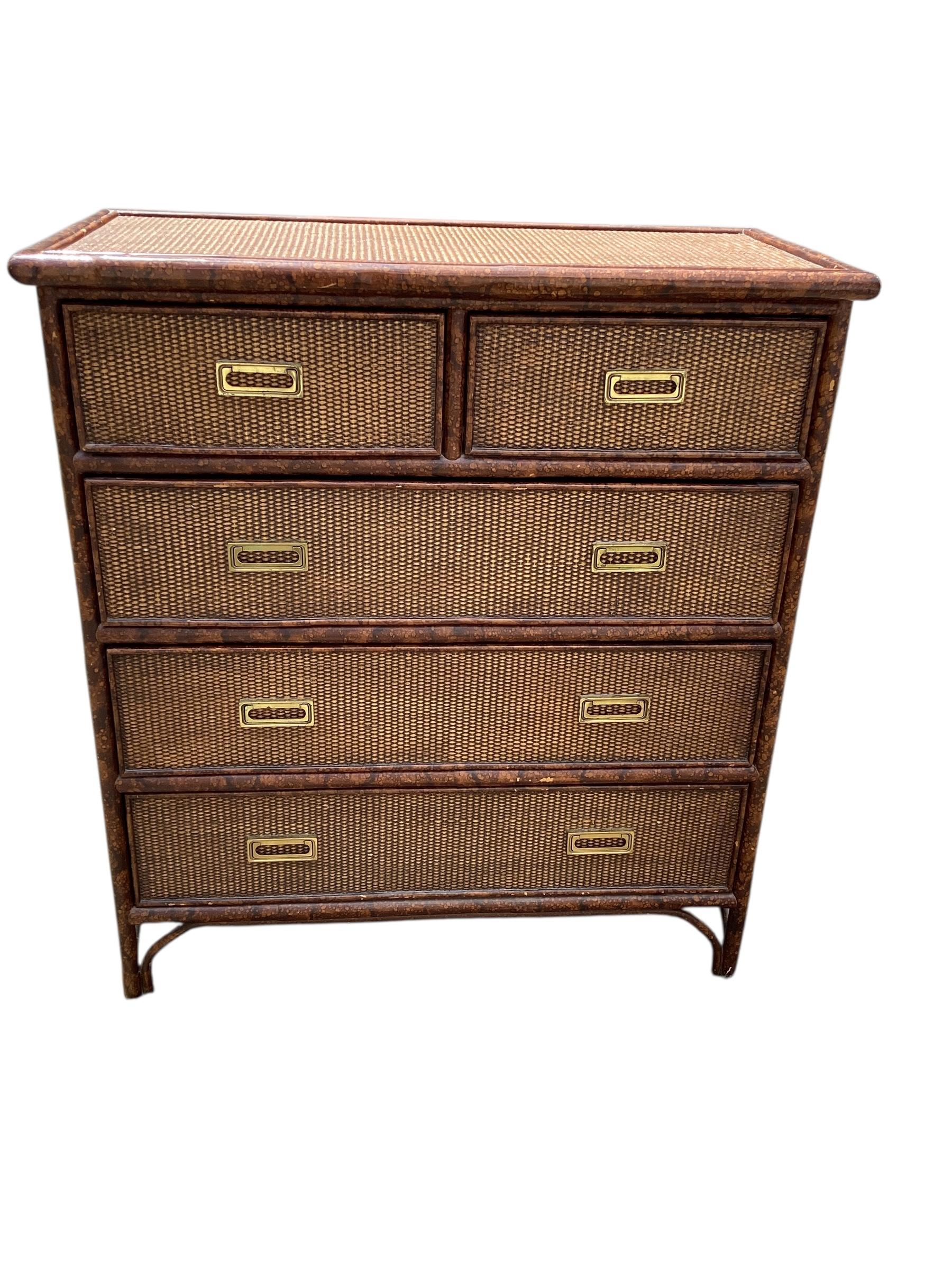 Bohemian Vintage Rattan and Bamboo Chest of Drawers For Sale