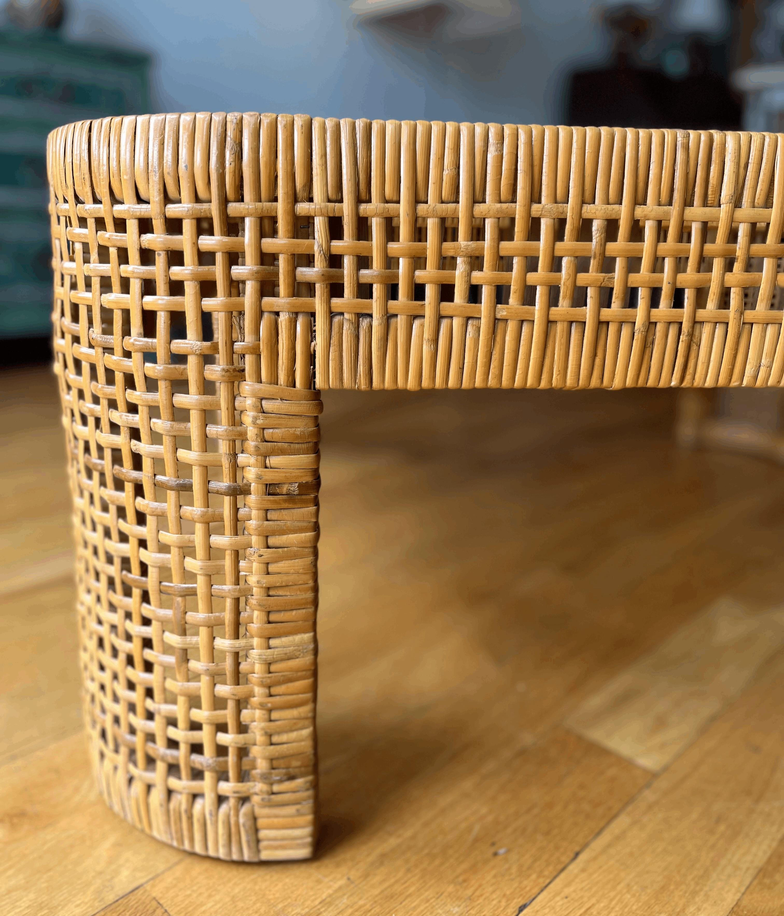 Bohemian Vintage Rattan and Bamboo Coffee Table with Glass Top and Chevron Pattern For Sale