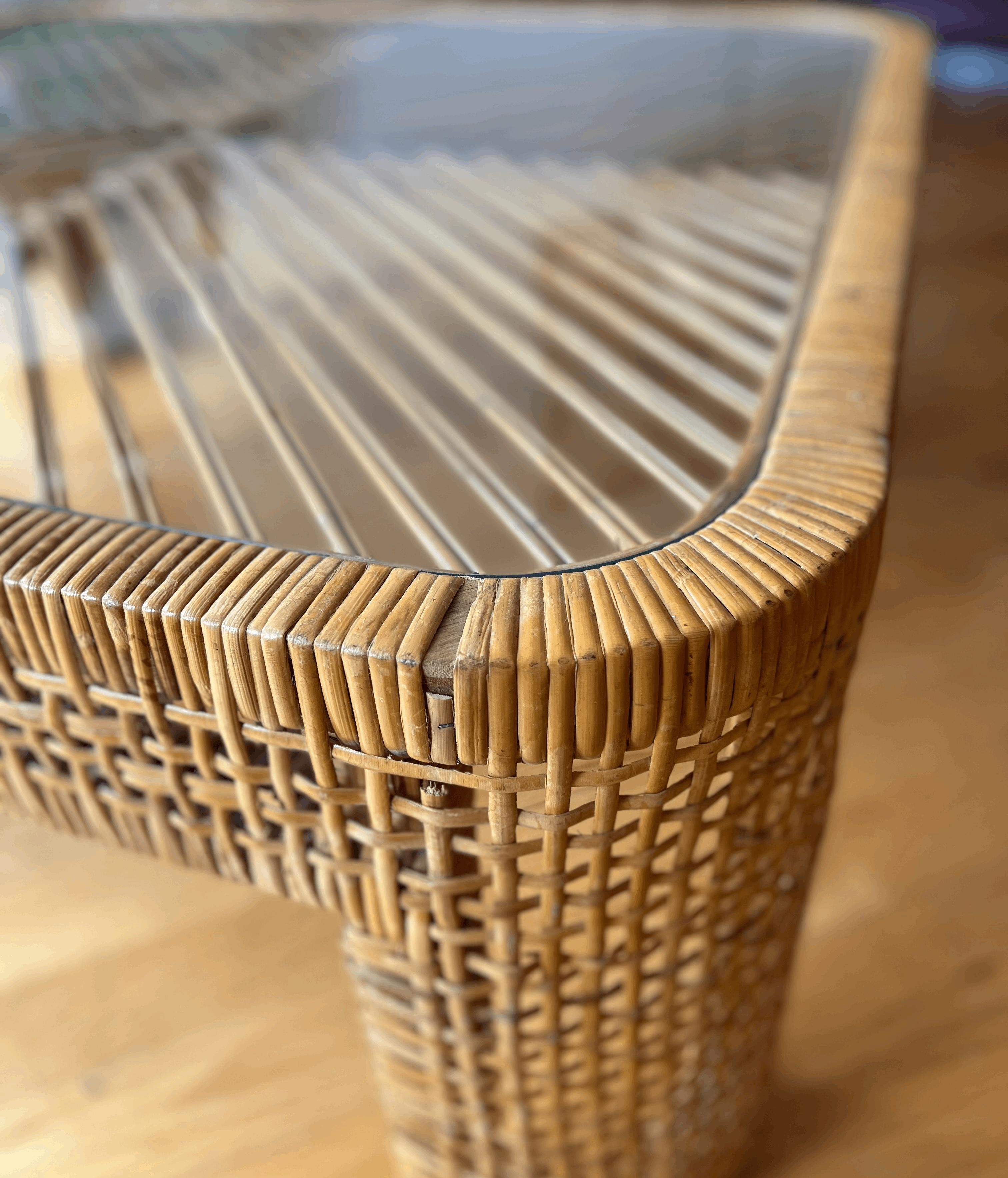 Vintage Rattan and Bamboo Coffee Table with Glass Top and Chevron Pattern In Good Condition For Sale In Black Rock, CT