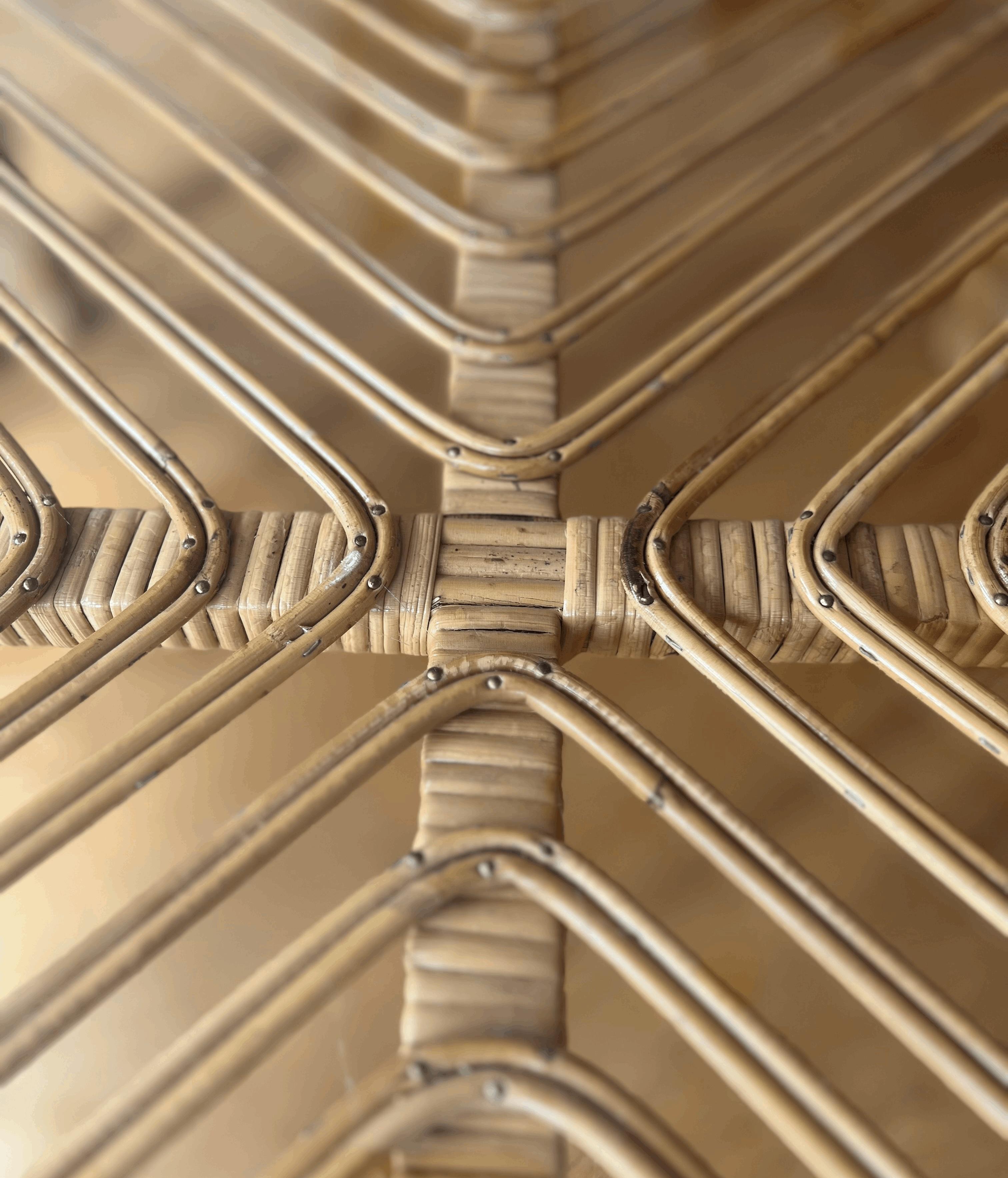 Late 20th Century Vintage Rattan and Bamboo Coffee Table with Glass Top and Chevron Pattern For Sale