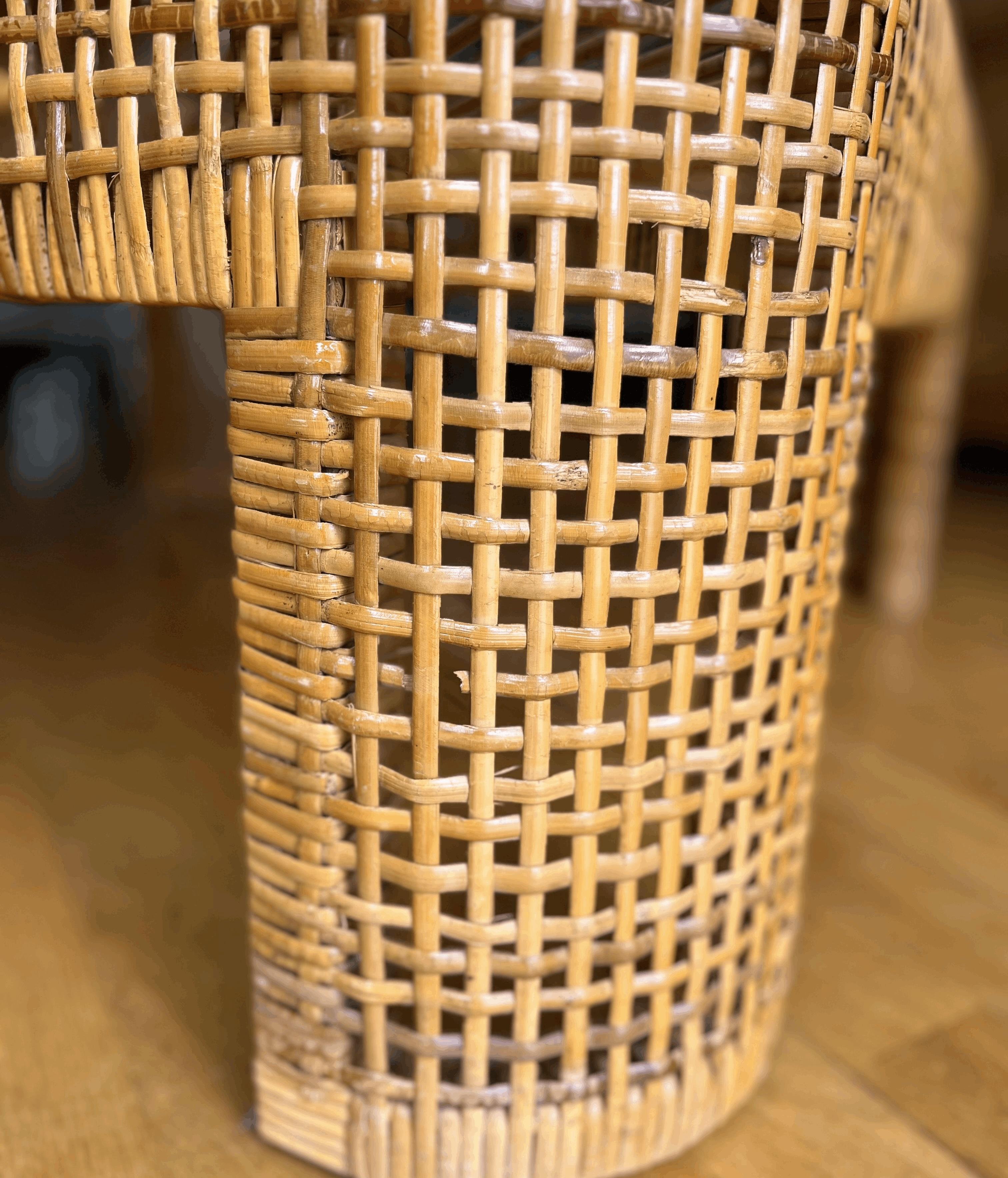 Vintage Rattan and Bamboo Coffee Table with Glass Top and Chevron Pattern For Sale 1