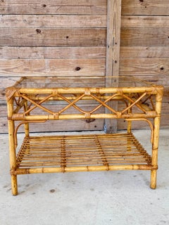 Vintage Rattan and Bamboo Coffee Table With Glass Top and Lower Shelf