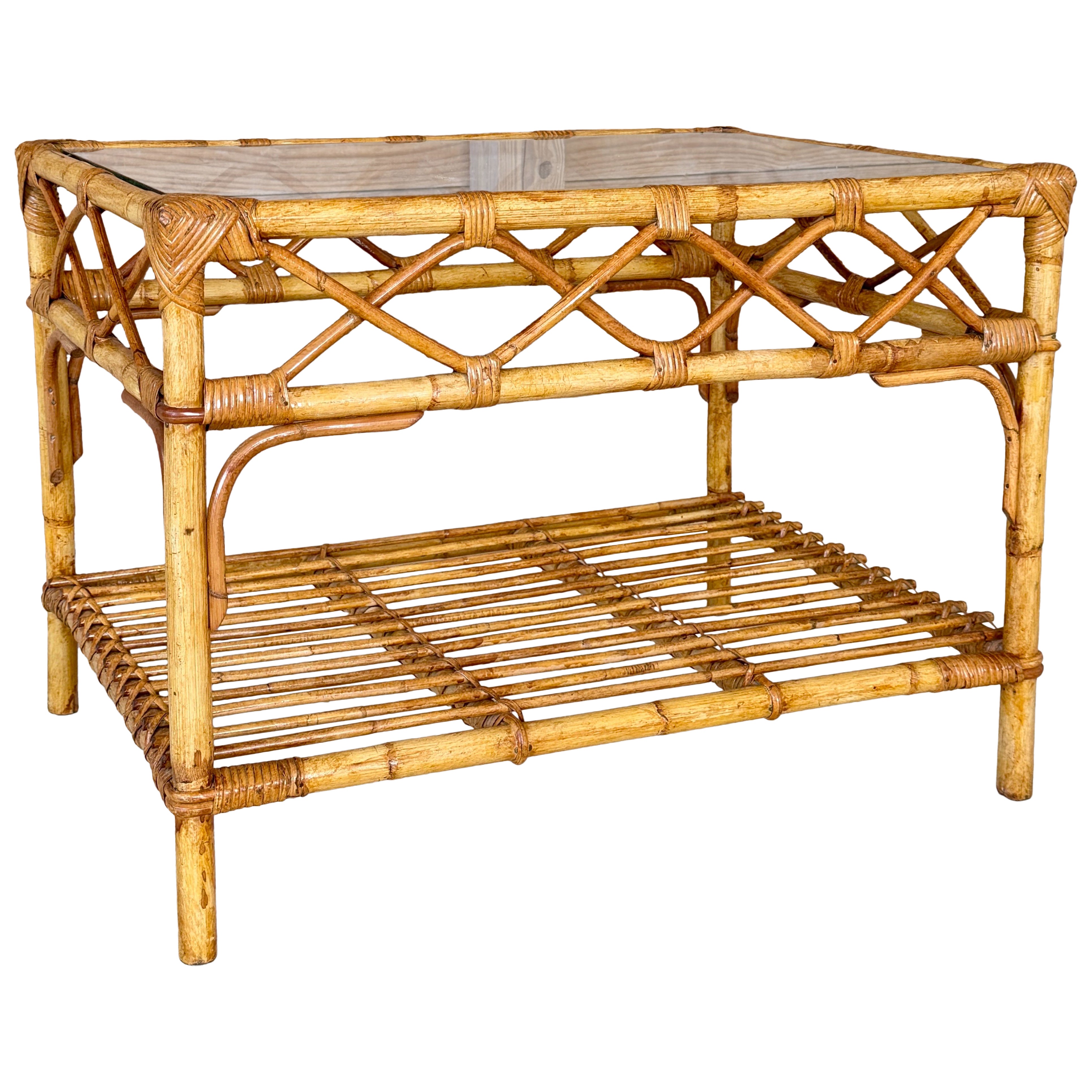 Vintage Rattan and Bamboo Coffee Table With Glass Top and Lower Shelf For Sale