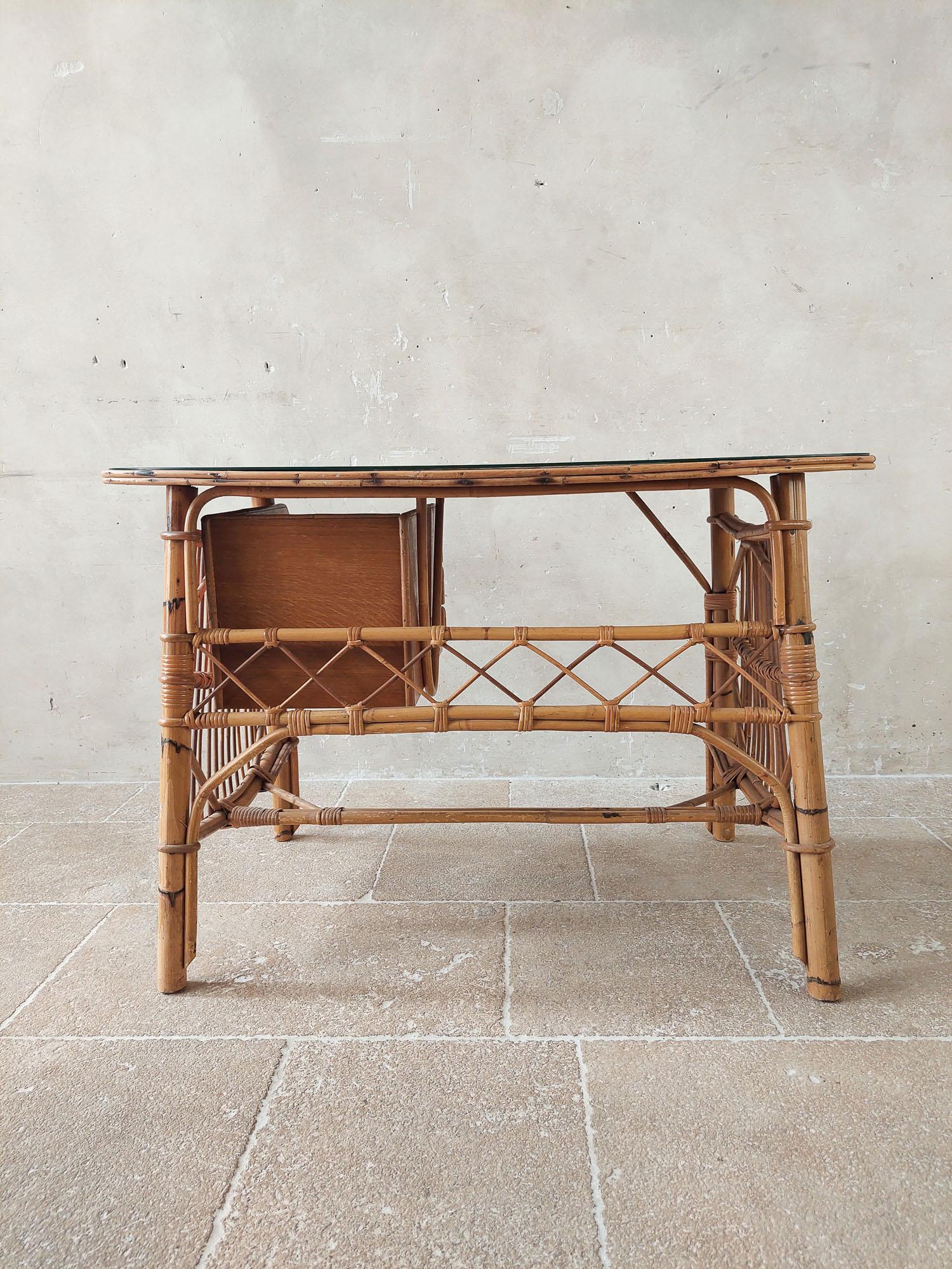 French Vintage Rattan and Bamboo Desk with Black Glass Top For Sale