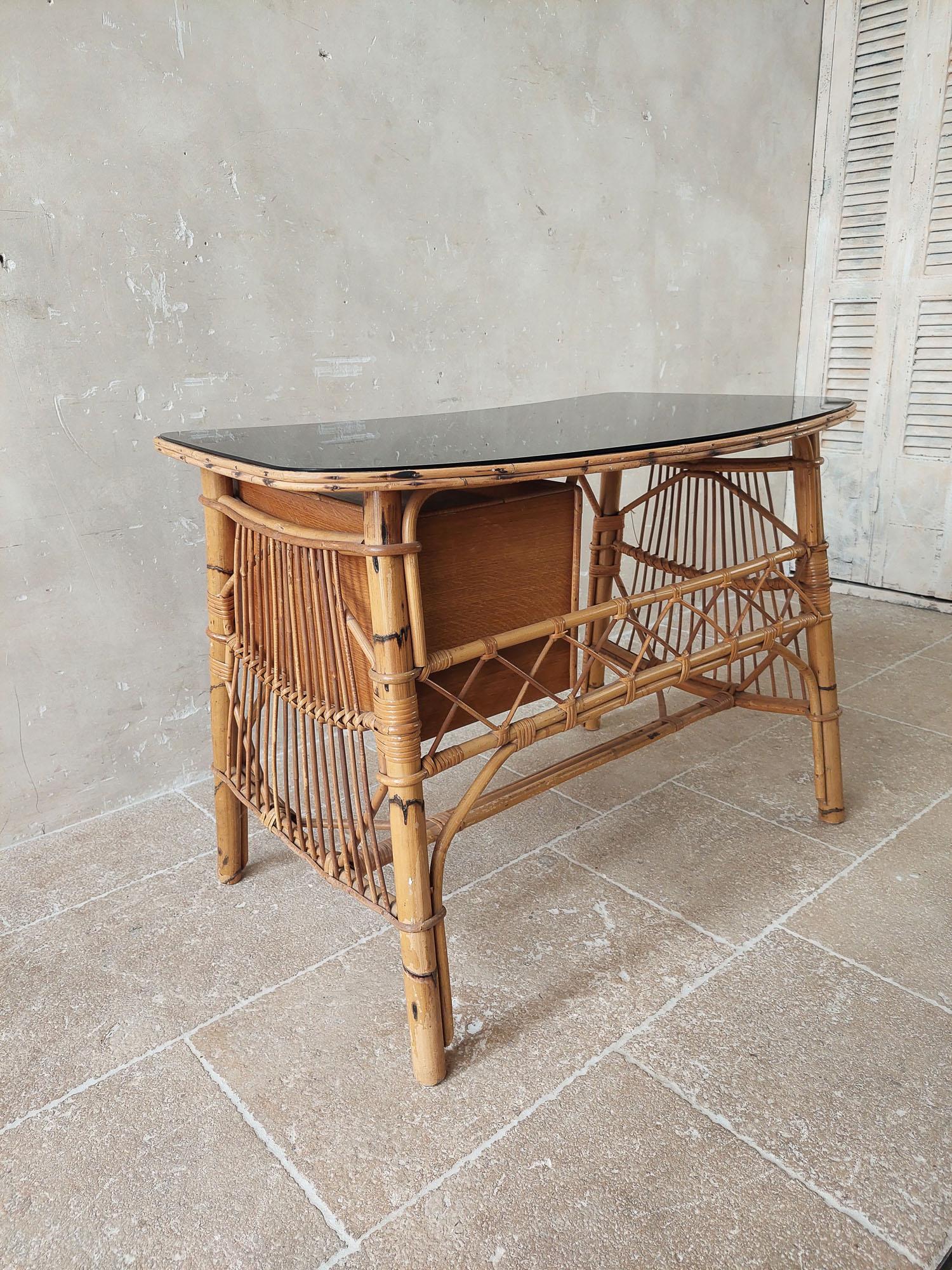 Vintage Rattan and Bamboo Desk with Black Glass Top For Sale 1