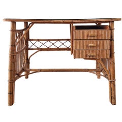 Vintage Rattan and Bamboo Desk with Black Glass Top