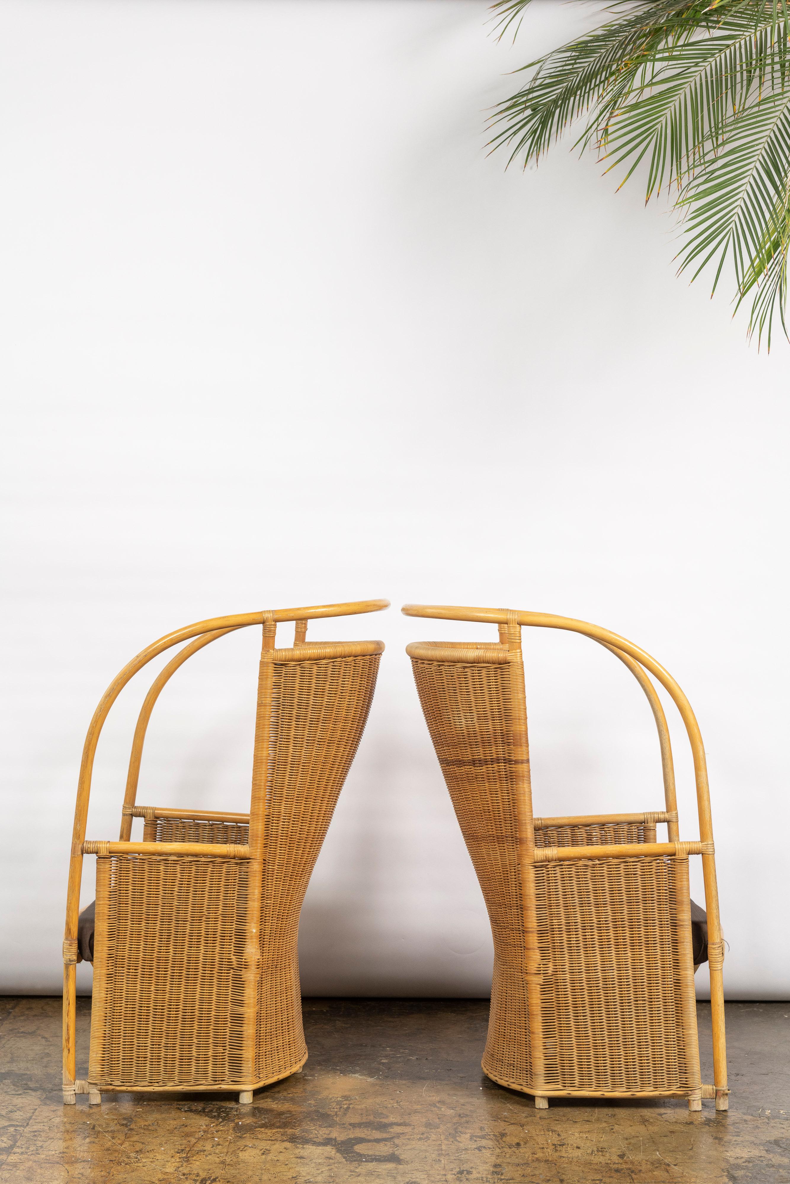 Mid-Century Modern Vintage Rattan and Bamboo High Back Armchairs with Fabric Cushions For Sale