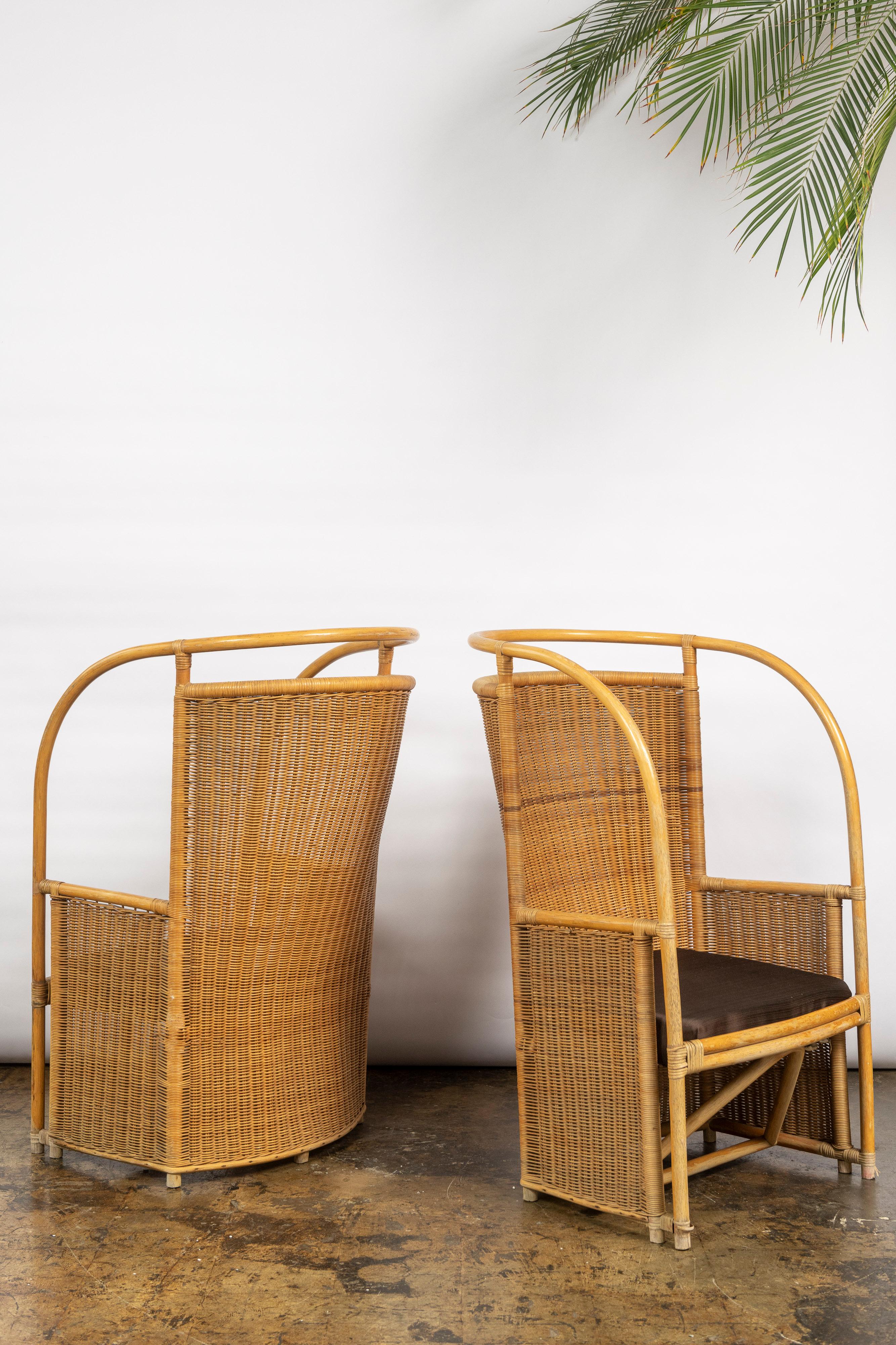 Italian Vintage Rattan and Bamboo High Back Armchairs with Fabric Cushions For Sale