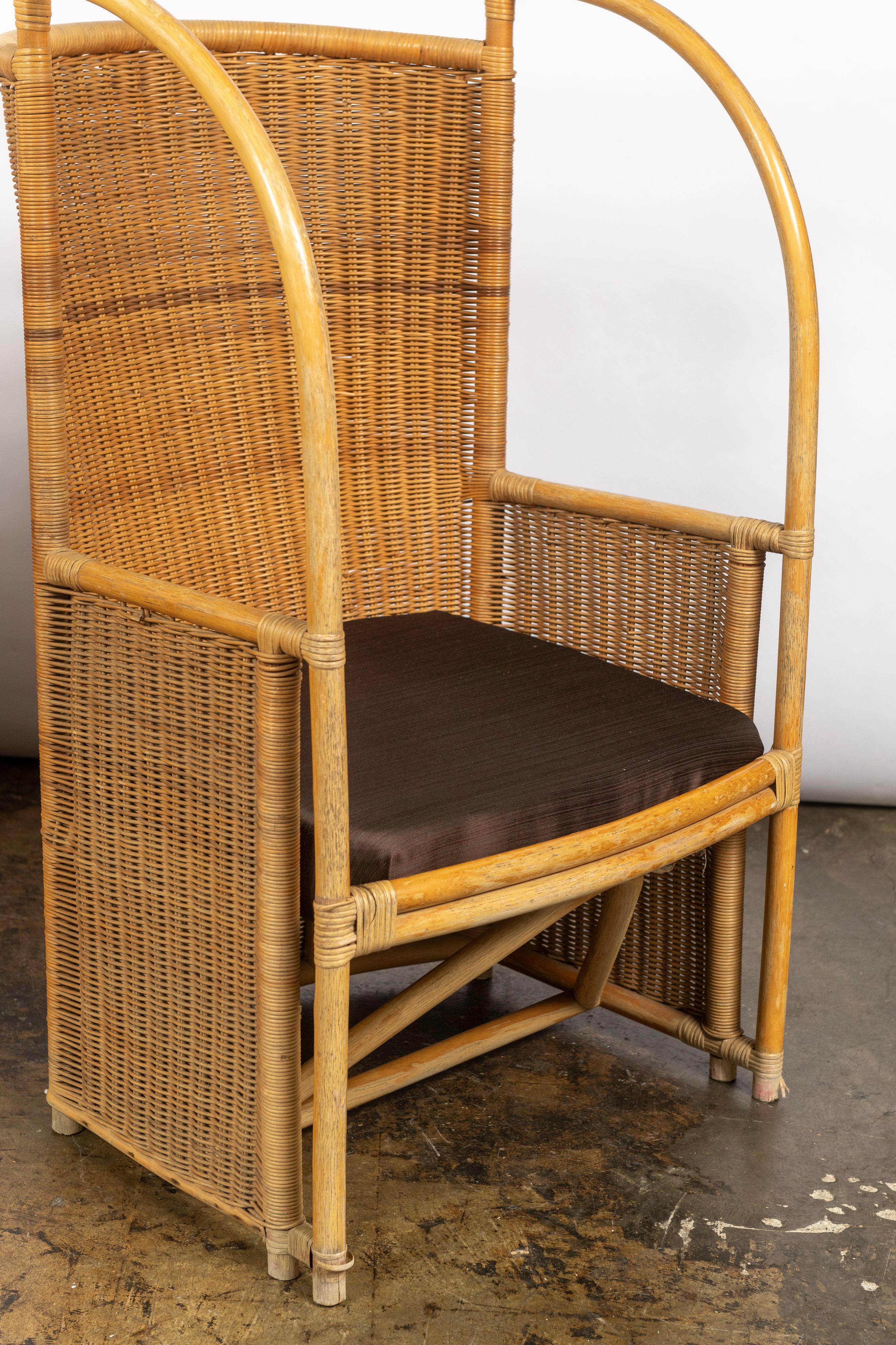 Vintage Rattan and Bamboo High Back Armchairs with Fabric Cushions In Good Condition For Sale In San Francisco, CA