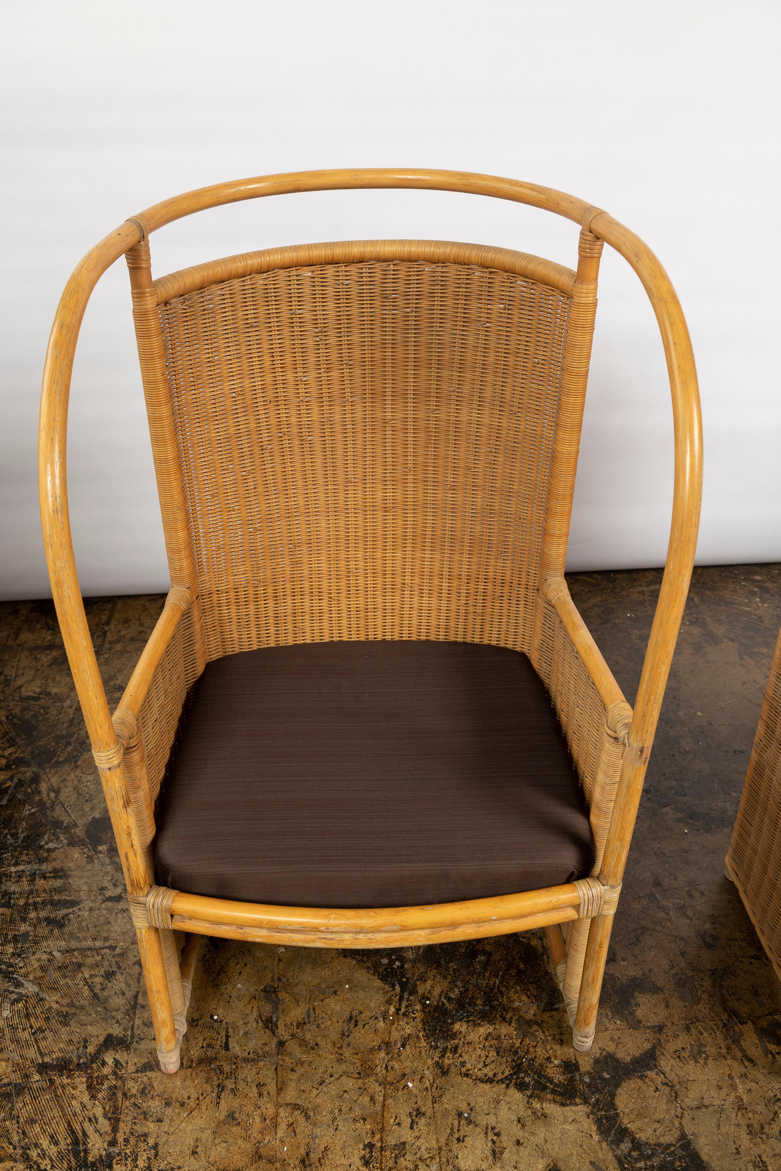 Vintage Rattan and Bamboo High Back Armchairs with Fabric Cushions For Sale 3