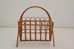Vintage Rattan and Bamboo Magazine Holder, Czechoslovakia, 1970's.