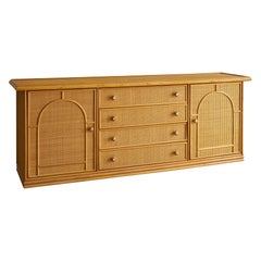 Vintage Rattan and Bamboo Mediterranean Credenza with Arched Doorway Details