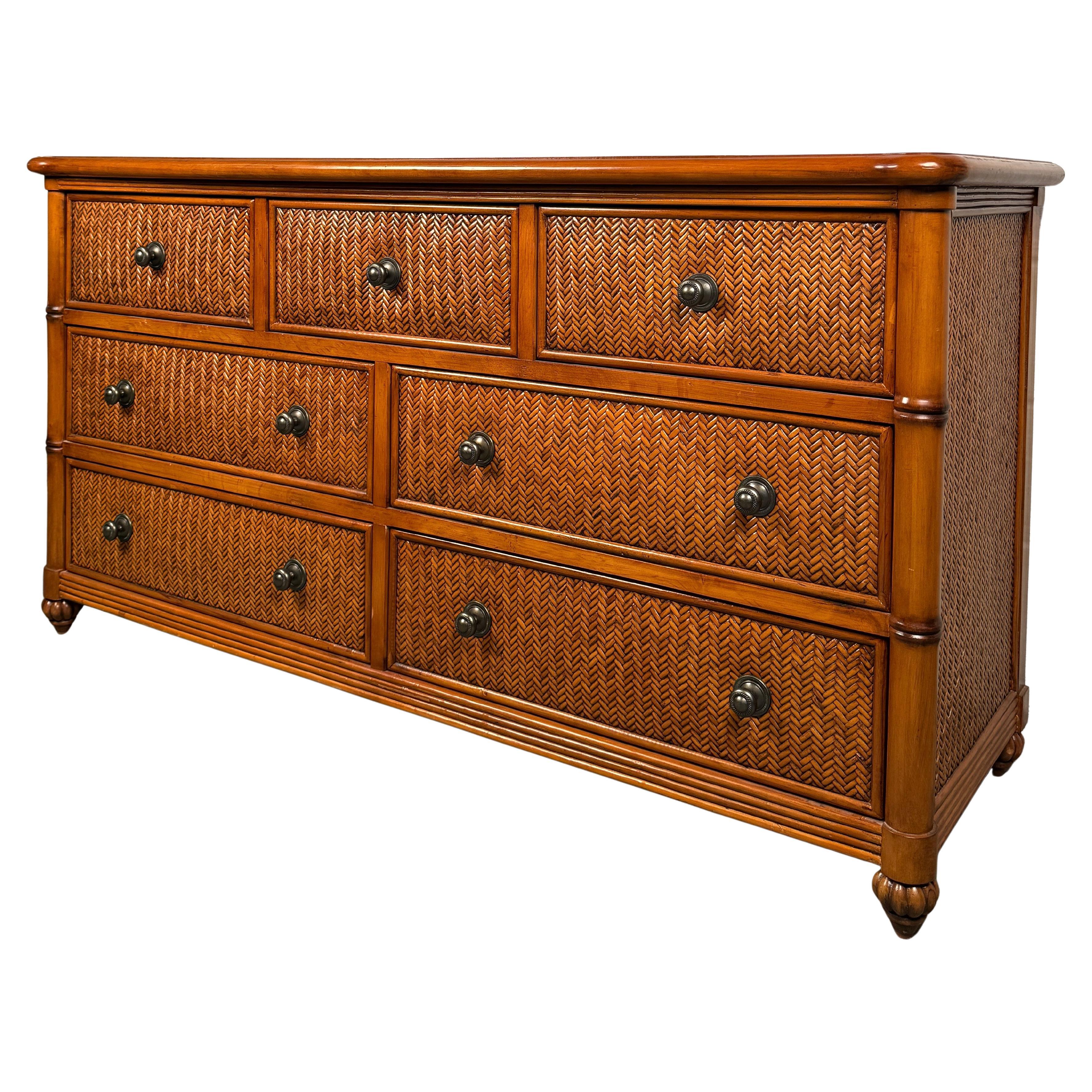 Vintage Rattan and Bamboo Seven Drawer Dresser