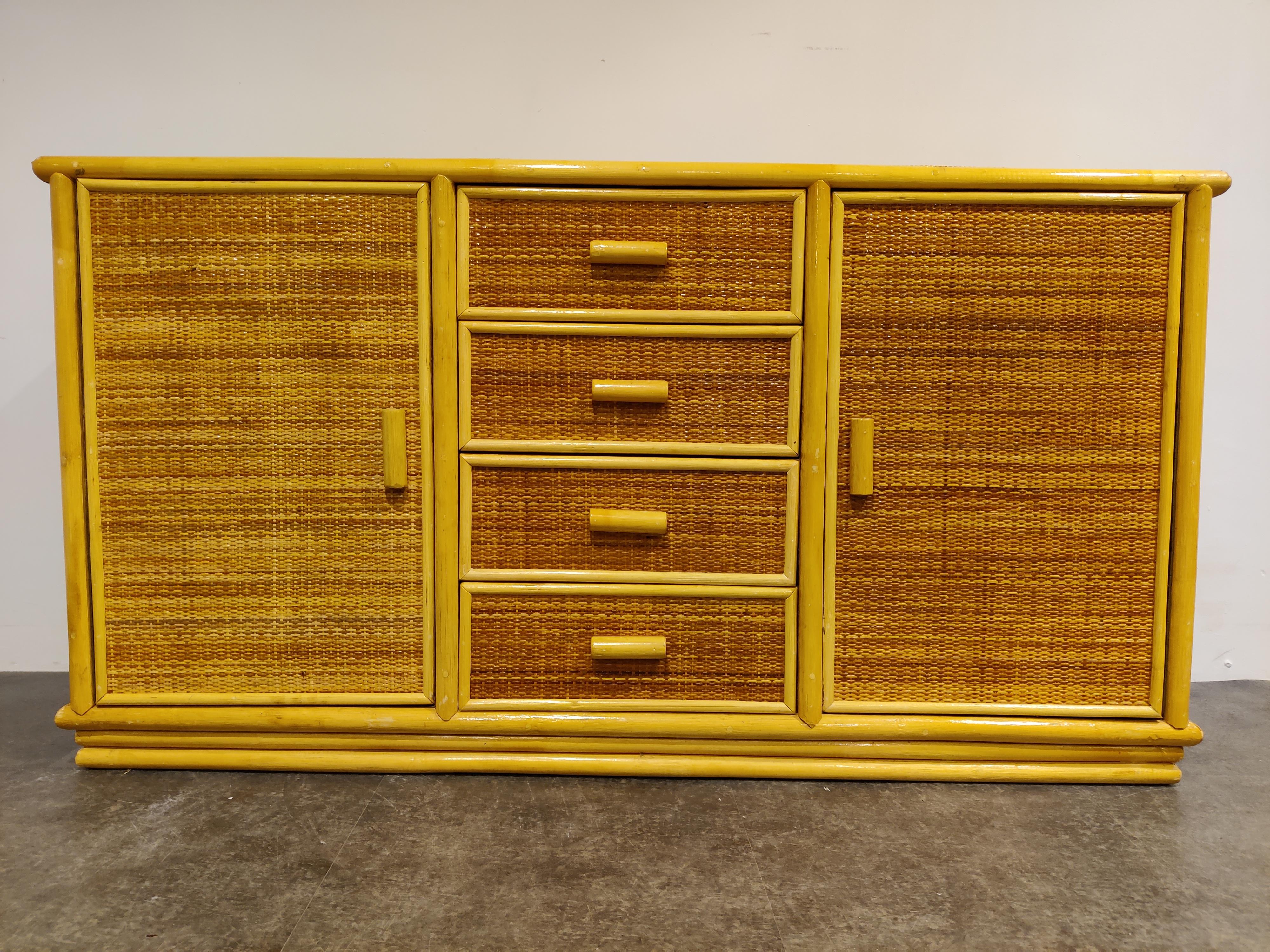 French Vintage Rattan and Bamboo Sideboard, 1970s