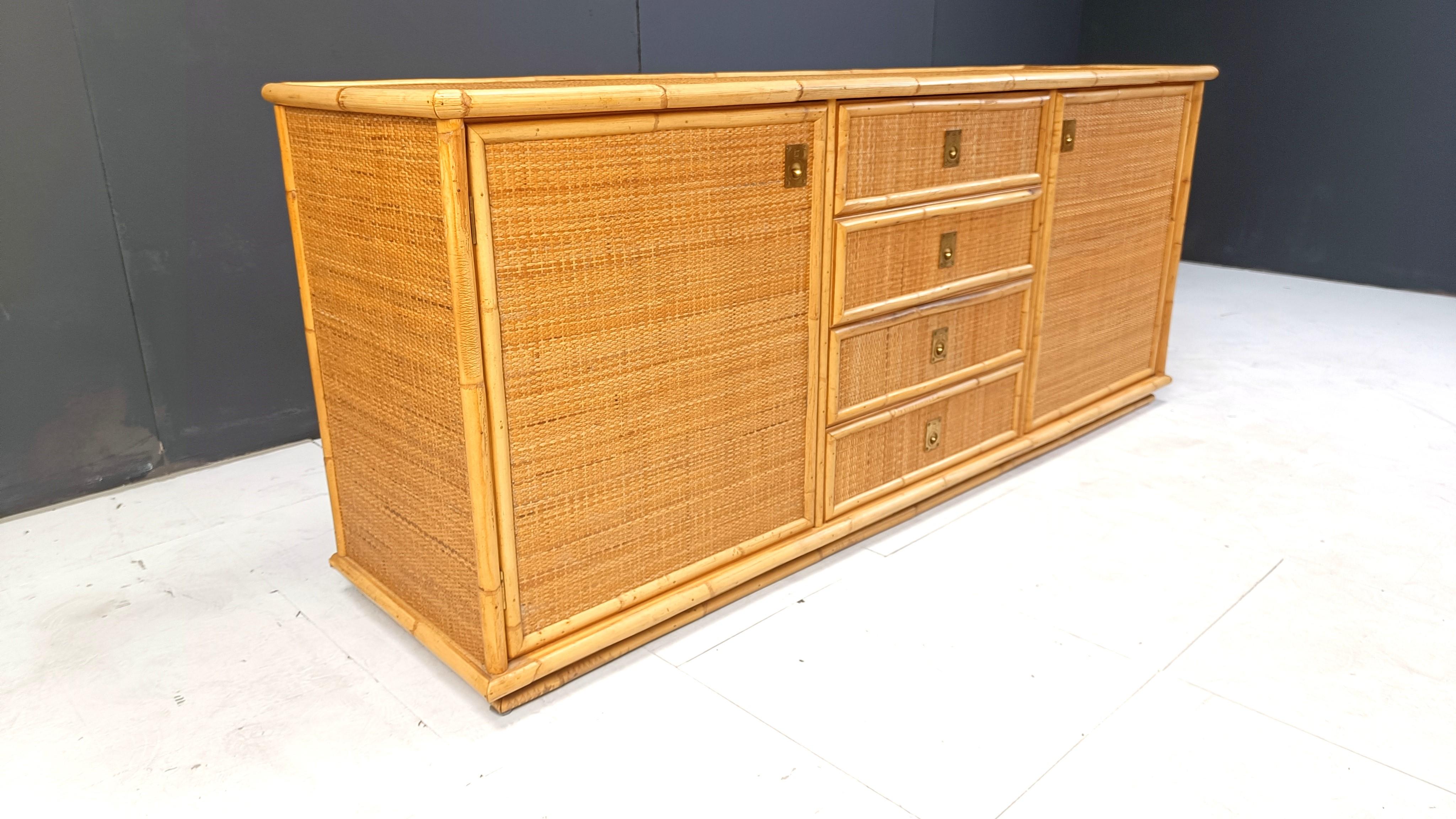 Brass Vintage rattan and bamboo sideboard by Dal Vera, 1960s