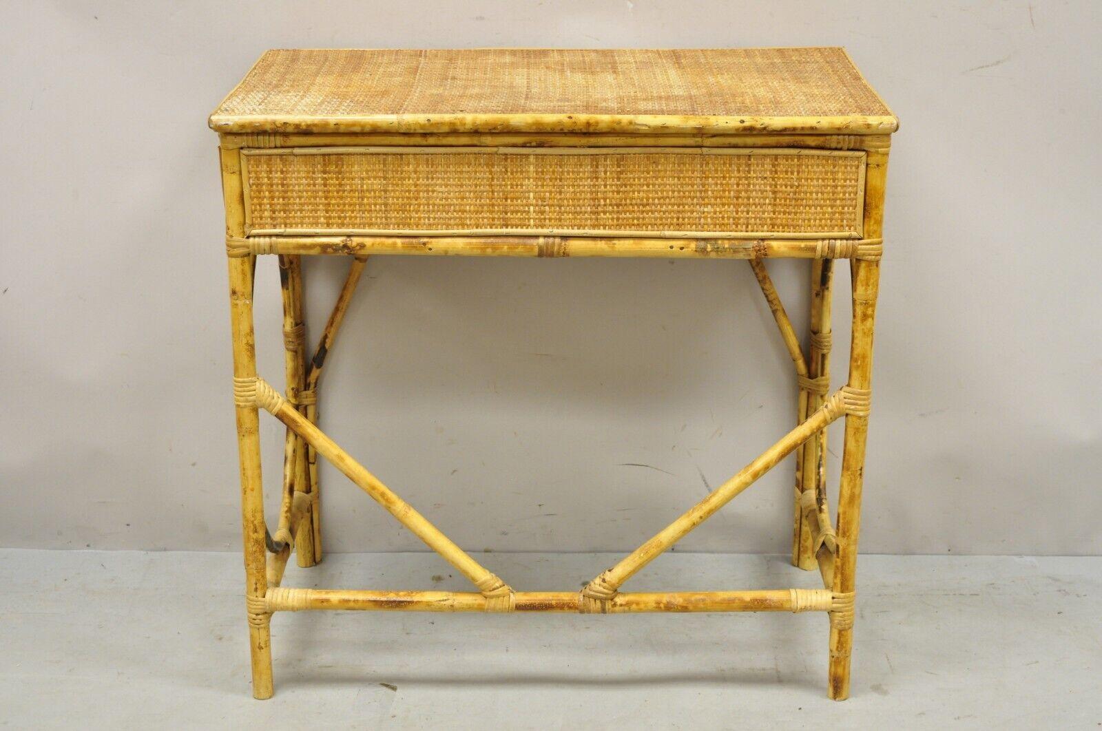 Vintage Rattan and Bamboo Victorian Style Small Vanity Table Desk with Drawer 3