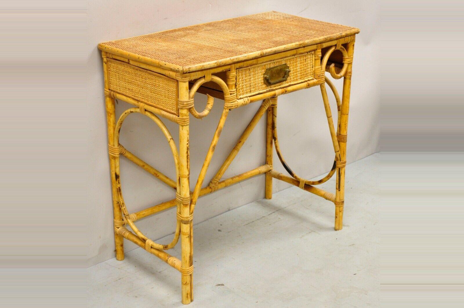 Vintage Rattan and Bamboo Victorian Style Small Vanity Table Desk with Drawer 4