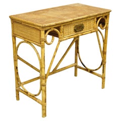 Vintage Rattan and Bamboo Victorian Style Small Vanity Table Desk with Drawer