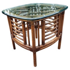 Vintage Pagoda Rattan and Beveled Glass Top Side Table