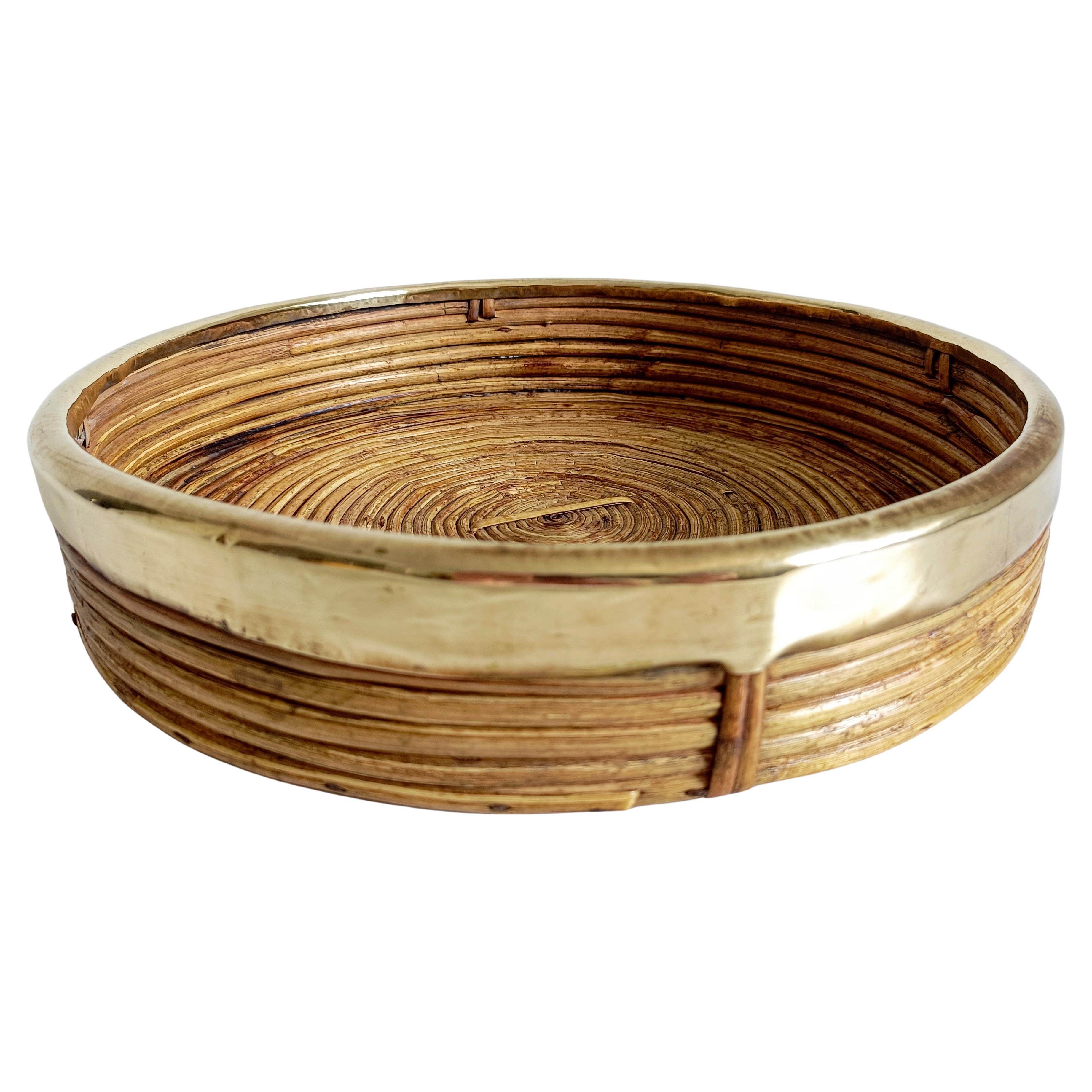 Vintage Rattan and Brass Large Round Basket Centerpiece, Italy, 1960s