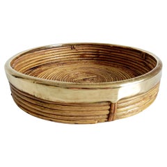Vintage Rattan and Brass Large Round Basket Centerpiece, Italy, 1960s